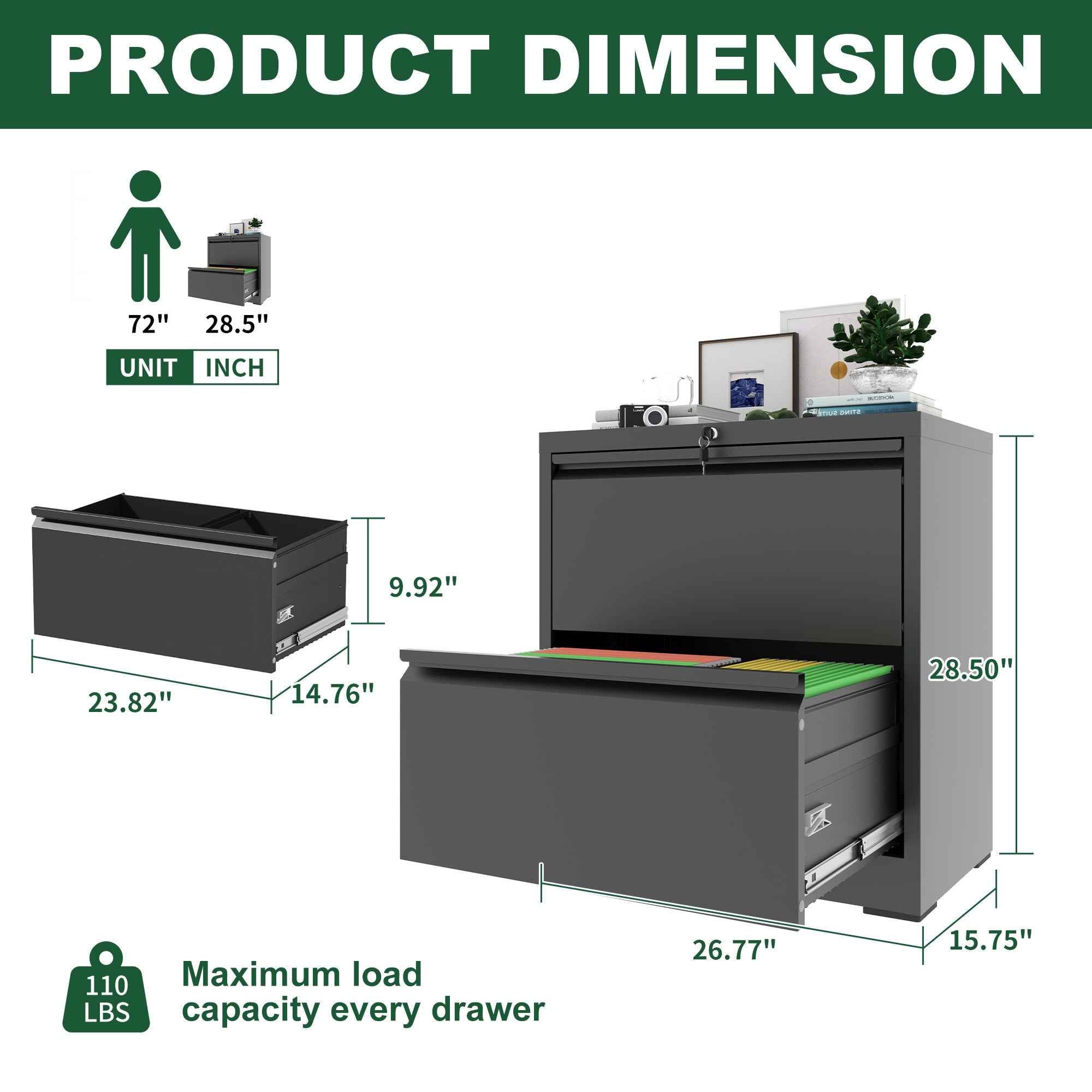 Premium 2 Drawer Metal Lateral File Cabinet with Lock, Black Steel Wide Horizontal Filing Cabinets for Home Office
