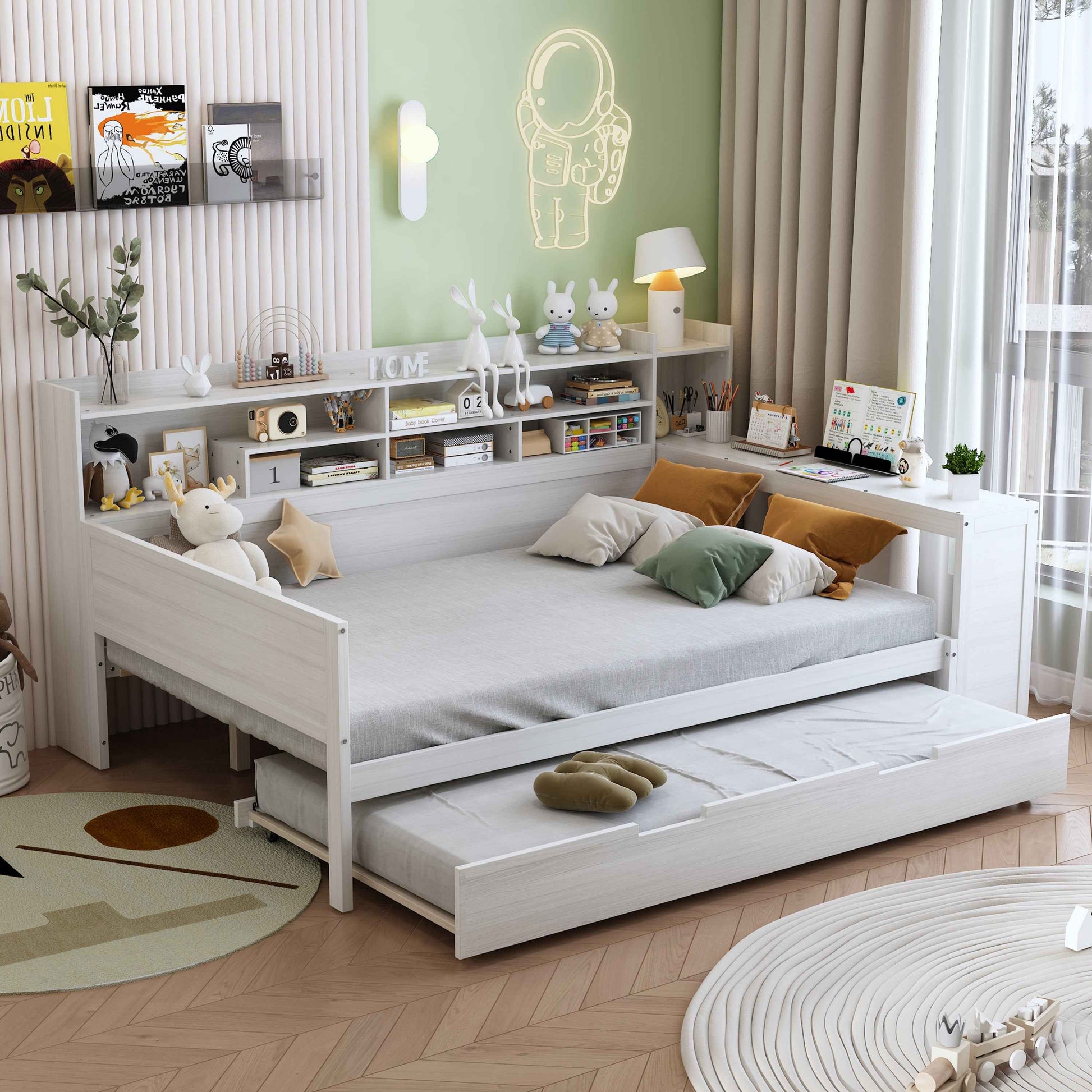 Wooden Full Size Daybed with Storage Shelves, Multi-functional Bed with Twin Size Trundle Bed and  Study Desk, Antique White