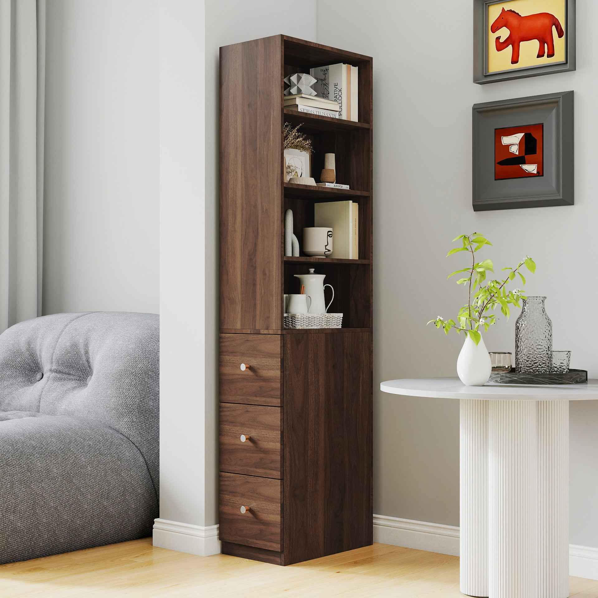 70.87' H Display Storage  Cabinet , 4-Tier Shelf, 3 Side Drawers , Modern Wooden Tall Bookshelf Bookcase for Living Room Home Office