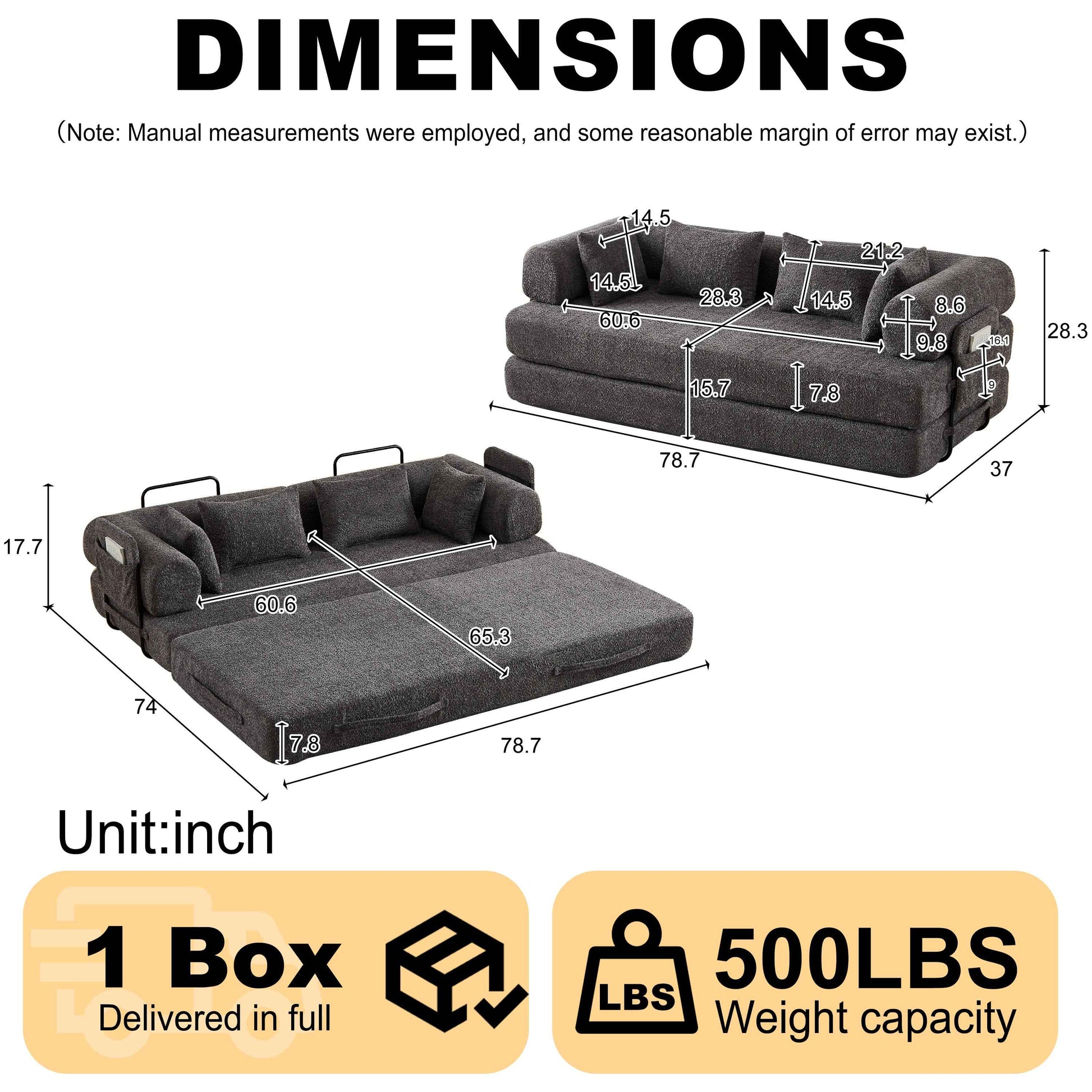 78.7-Inch Convertible Sleeper Sofa Bed with Cylindrical Pillow, Chenille Folding Mattress Couch with ,Folding Sofa Bed with Side Pocket, Floor Sofa Lounge Couch for Living Room Bedroom Lounge Studio