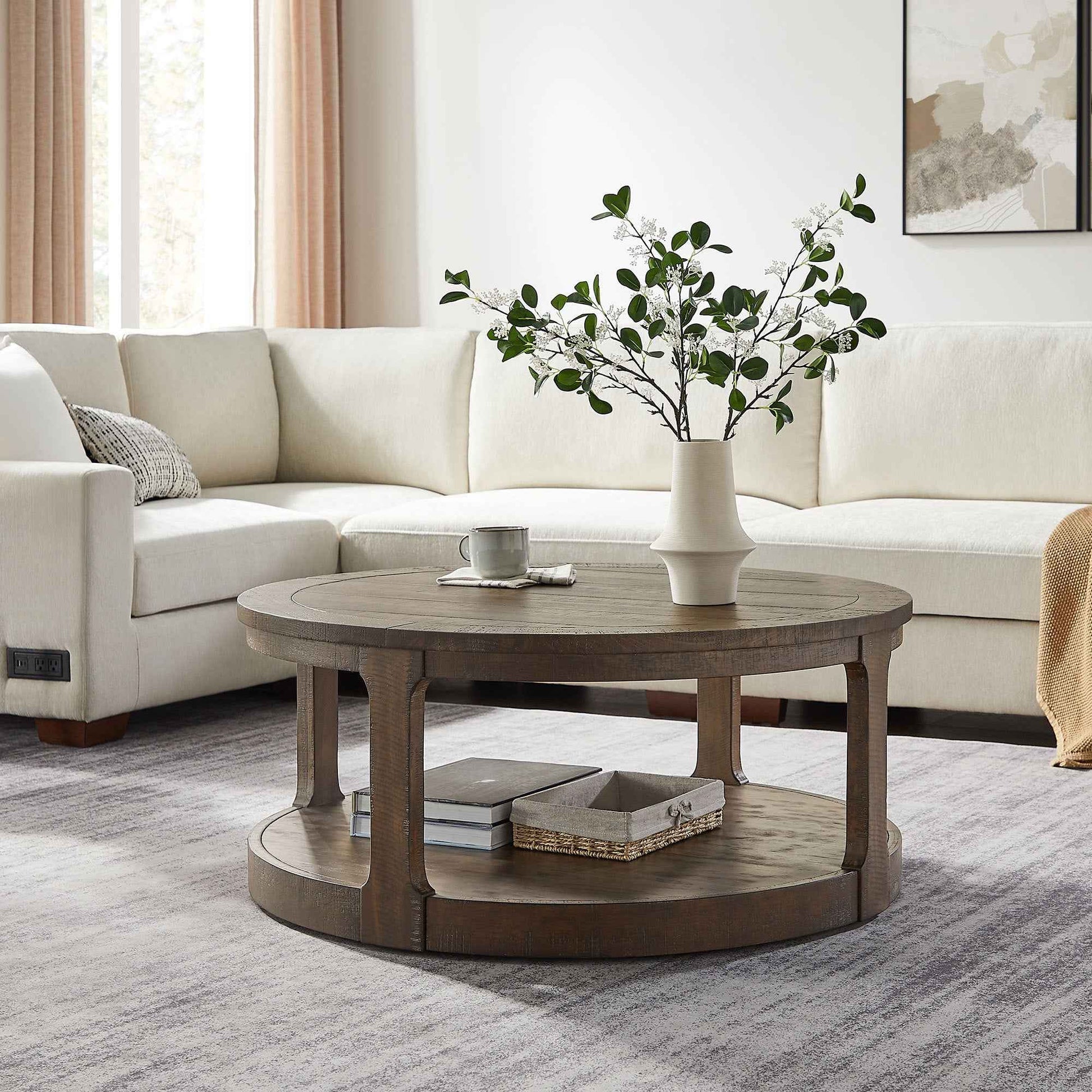 40inch Large Curved 2 Tier Traditional Round Circle Wooden Center Coffee Table,Mid Century Rounded Table with Wheels ,Rustic Style Table for living Room,Office,Apartment,Brown