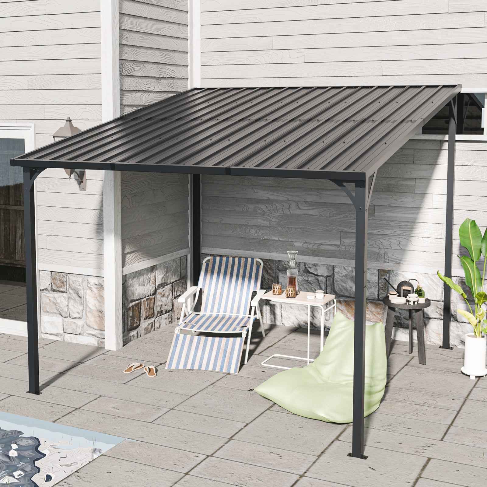 Outdoor Pergola, 10' x 10' Outdoor Hardtop Gazebo Pergola for Yard, Large 10x10 Galvanized Steel Lean to Wall-Mounted carport