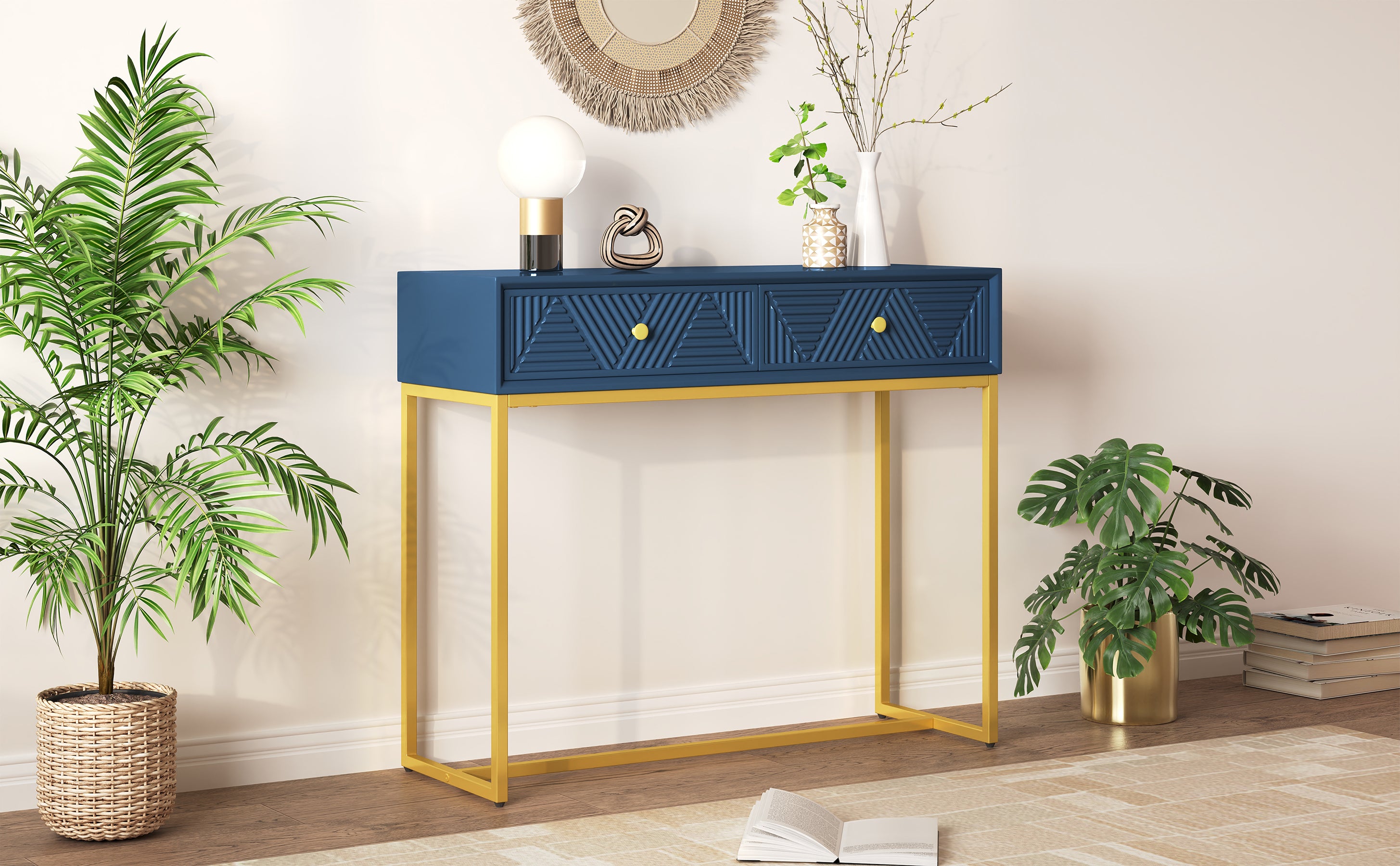 TREXM Modern Sleek Console Table Two Drawers with Stripe Design for Living Room and Entryway (Navy)