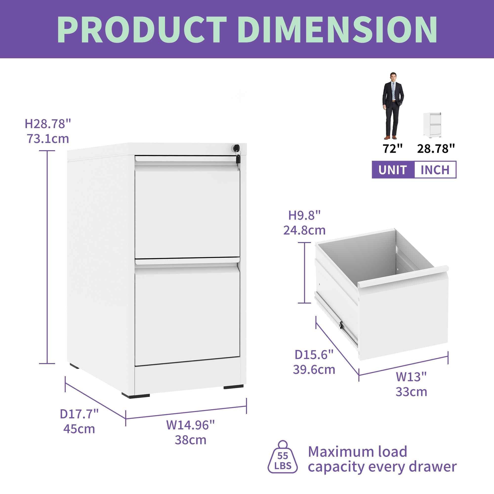 Steel 2 Drawer Vertical File Cabinet with Lock for A4 Legal/Letter Size in White
