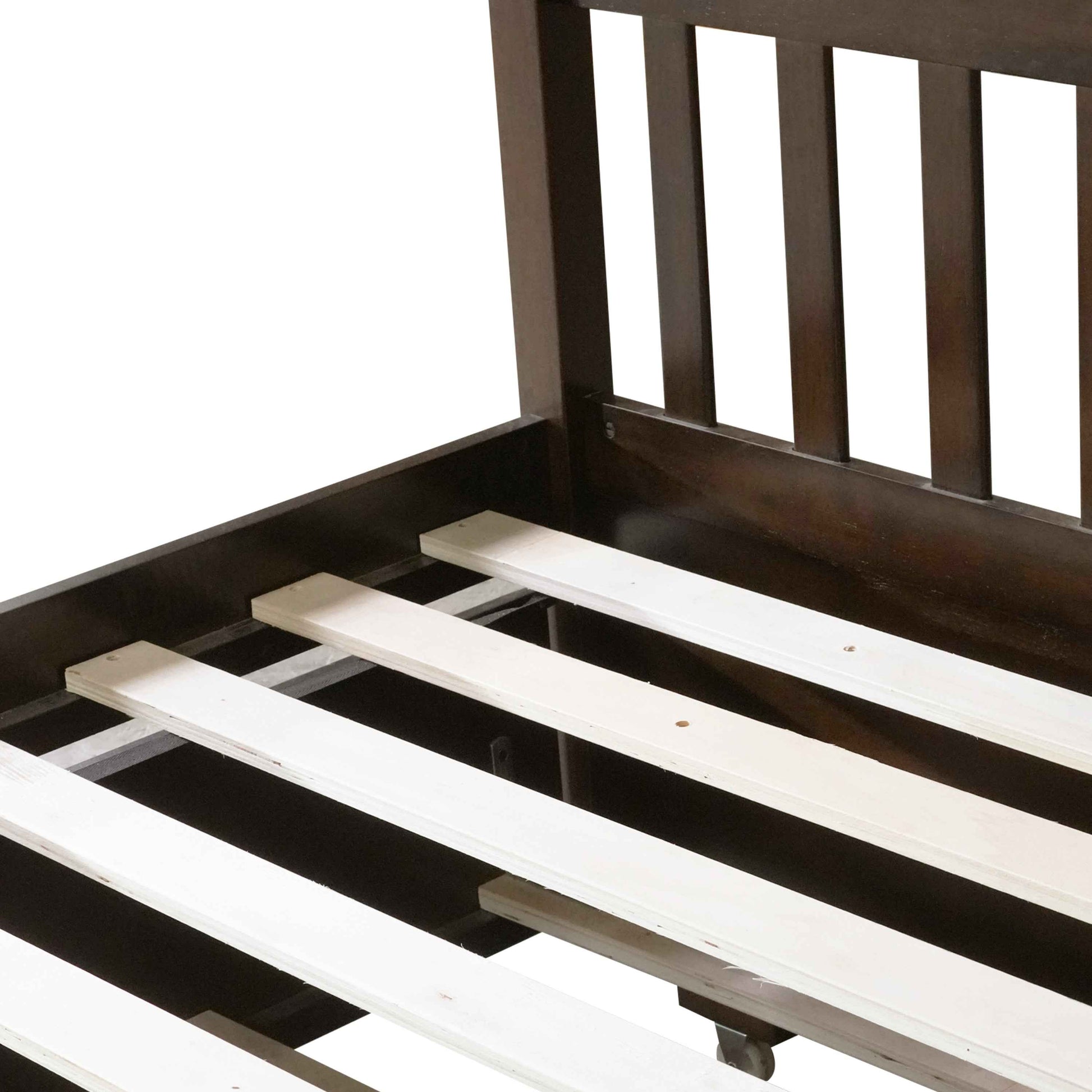 Full Over Full Rubber Wood Bunk Bed with Trundle, Ladder and Guardrails, Convertible to 2 Full Size Beds, with Twin Size Trundle ,Espresso