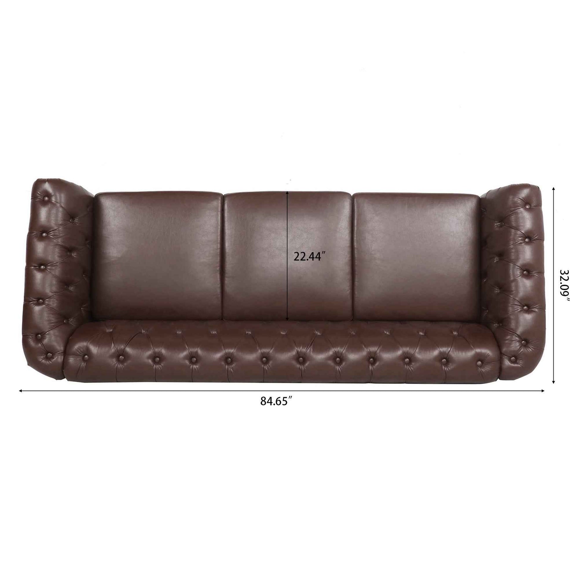 Dark Brown PU Rolled Arm Chesterfield Three Seater Sofa with Solid Wood Frame and Birch Legs