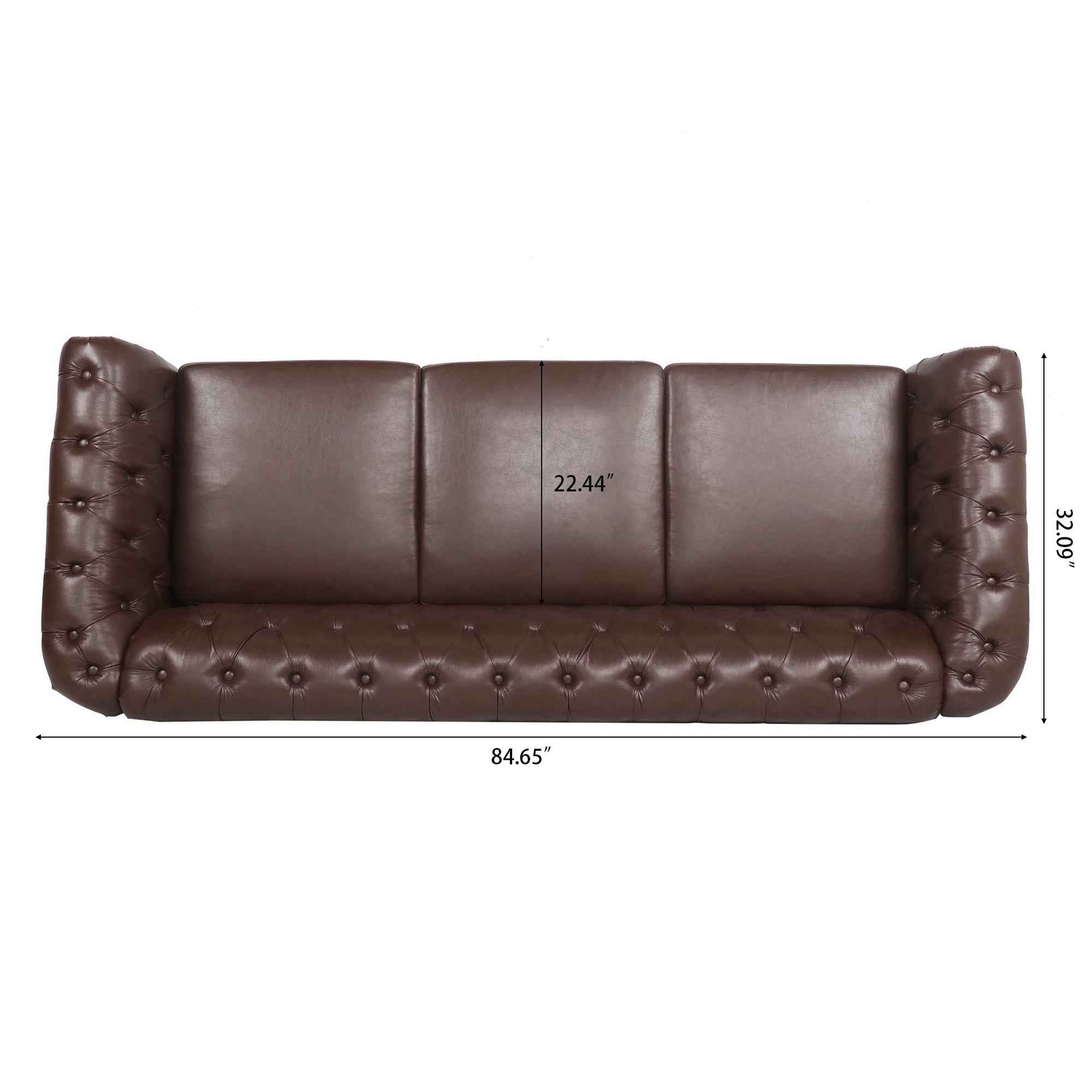 Dark Brown PU Rolled Arm Chesterfield Three Seater Sofa with Solid Wood Frame and Birch Legs