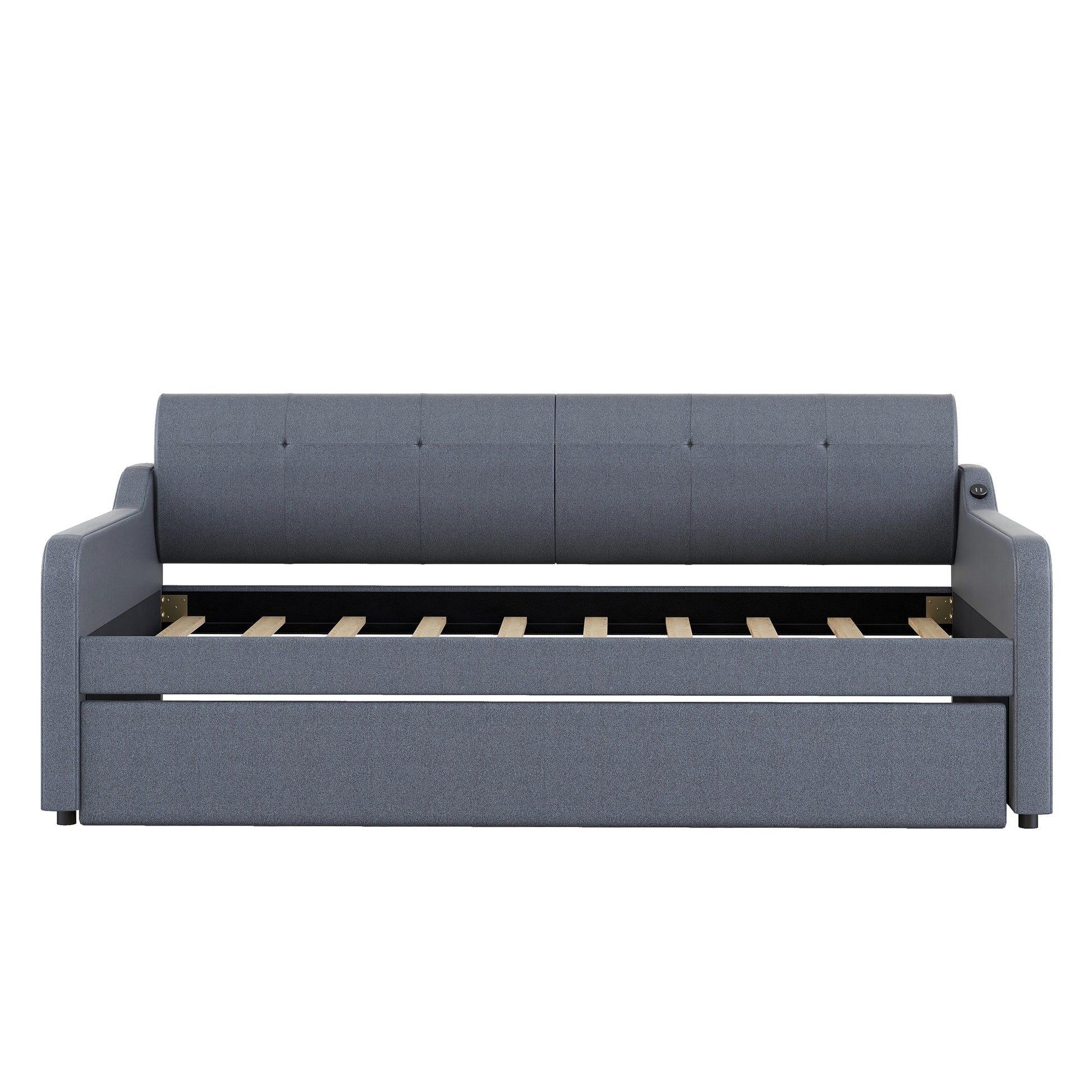 Twin Size Upholstery DayBed with Trundle and USB Charging Design,Trundle can be flat or erected,Gray - Abrihome