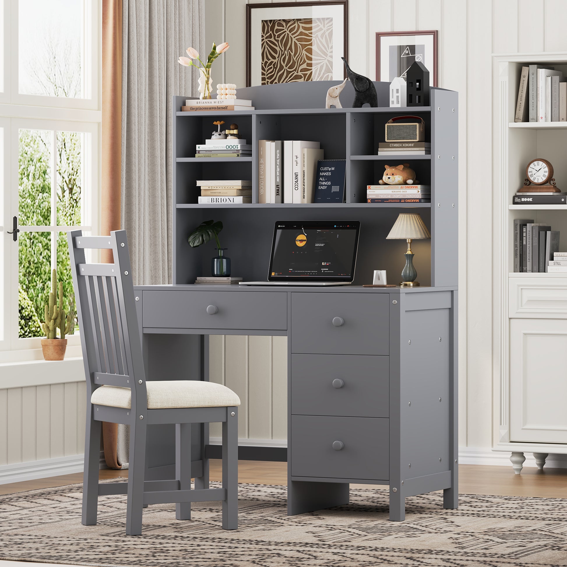 Vintage 40'' Home Executive Desk and Upholstered Chair Set with Bookshelf, Computer Desk with Four Drawers, Storage Shelf, and Chair, Ideal for Office or Study in Bedroom or Living Room, Gray - Abrihome