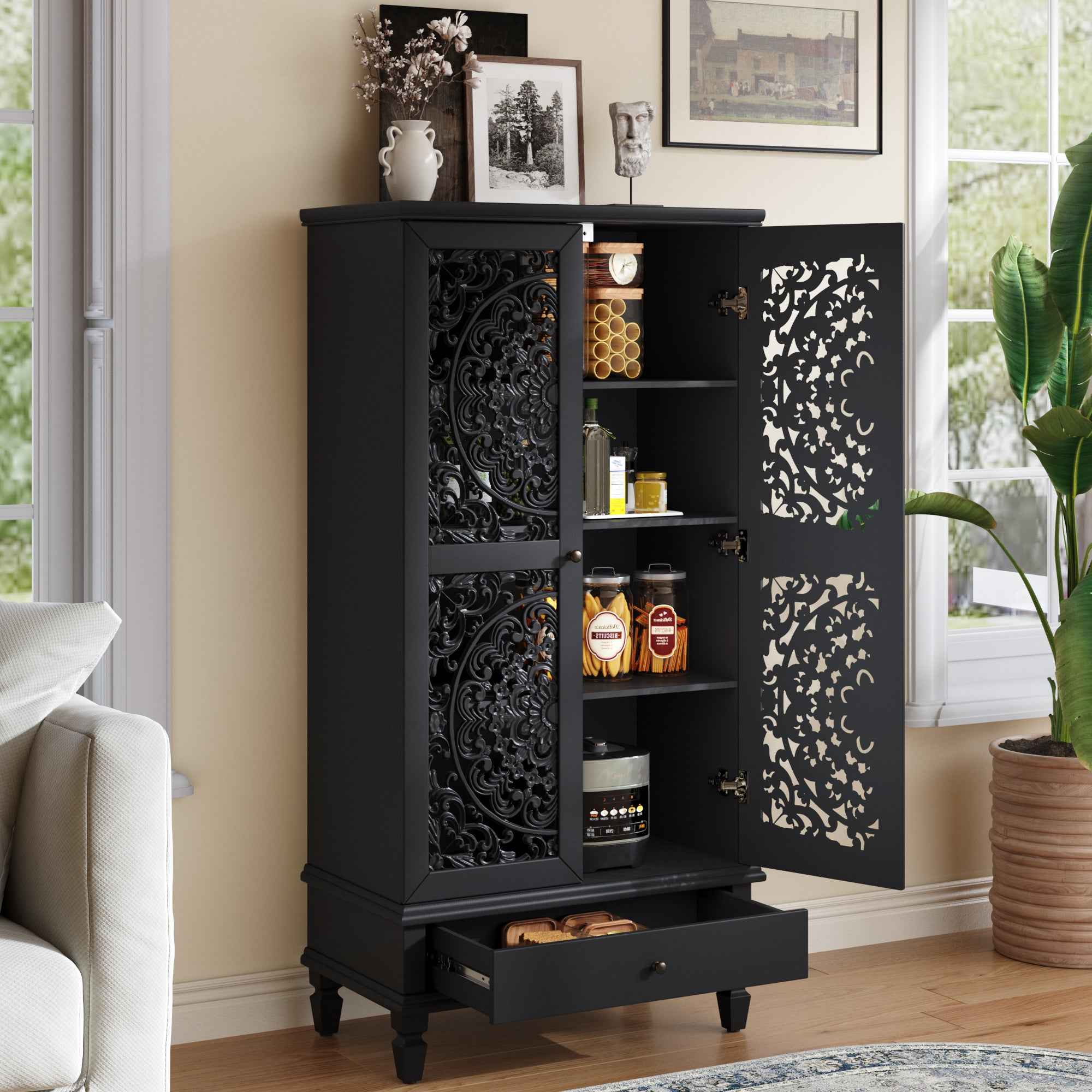 Rustic 55'' Tall Storage Cabinet with Drawer, Decorative 2-Door Carved Wood Accent Cabinet with Solid Wood Legs for Living Room, Hallway, Dining Room, Black