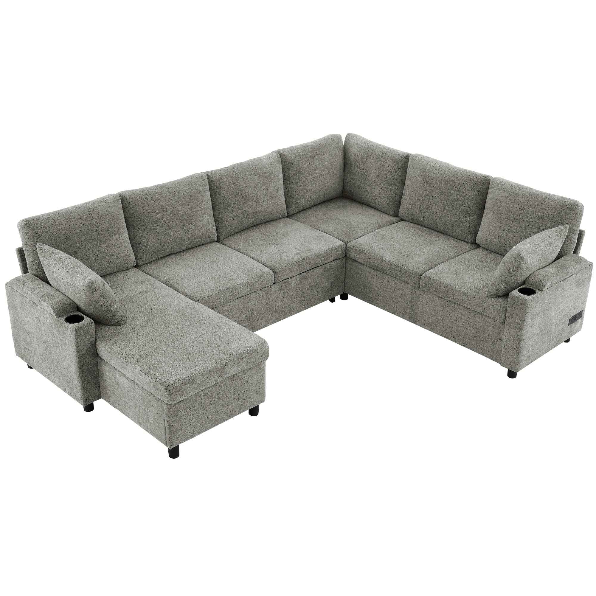 Versatile Light Grey Chenille Sectional Sofa Bed with Storage, Cup Holders & Charging Ports, 109.9'