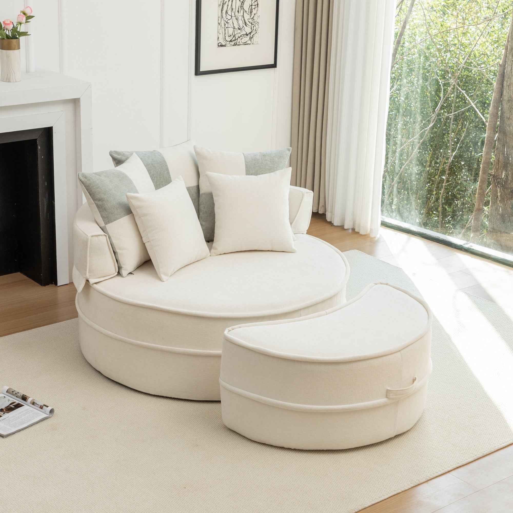 Modern Oversized Beige Round Barrel Accent Chair with Ottoman - Velvet Upholstered Lounge Armchair with 5 Pillows for Living Room or Bedroom