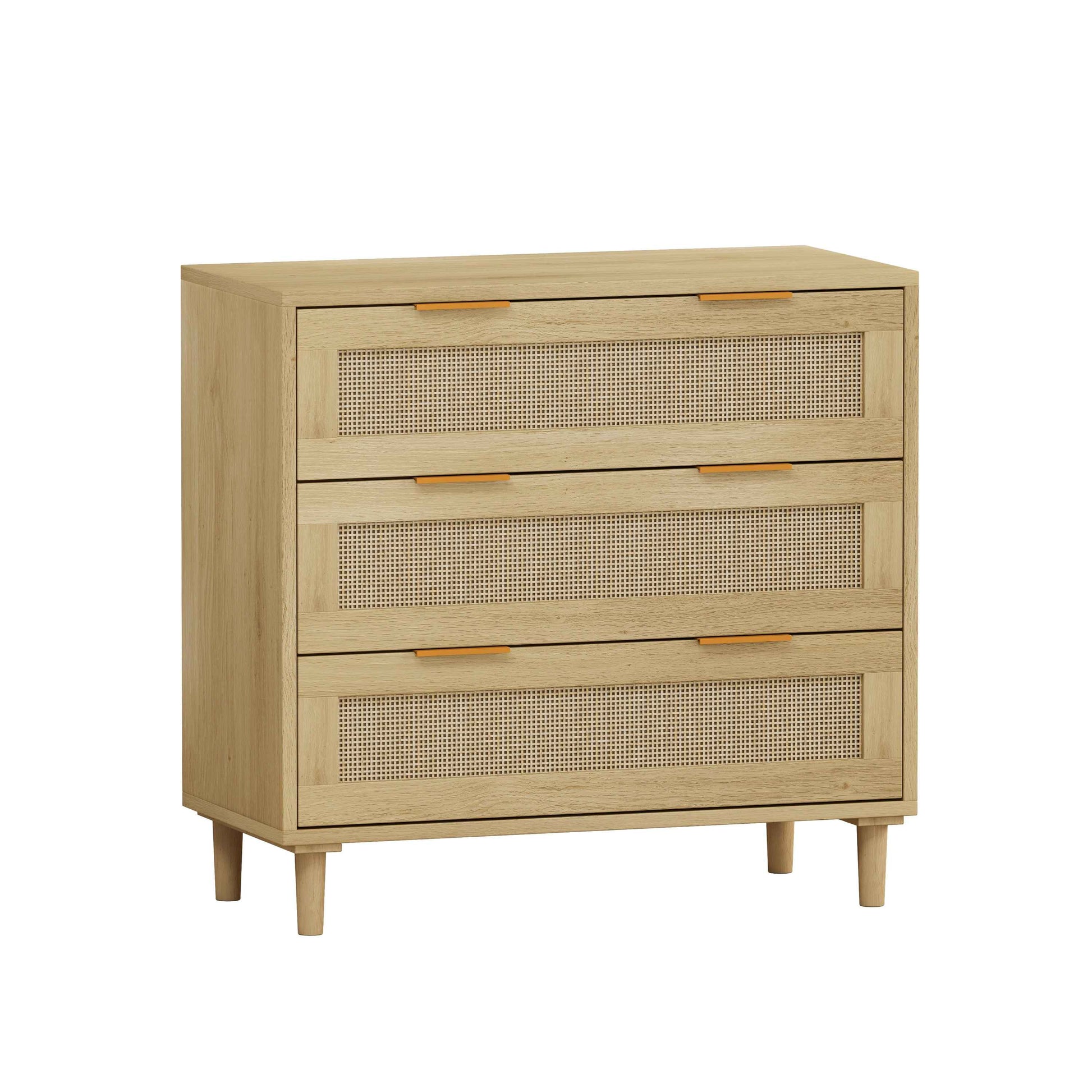 Modern Oak Rattan Storage Cabinet Set with 3-Drawers for Bedroom and Living Room