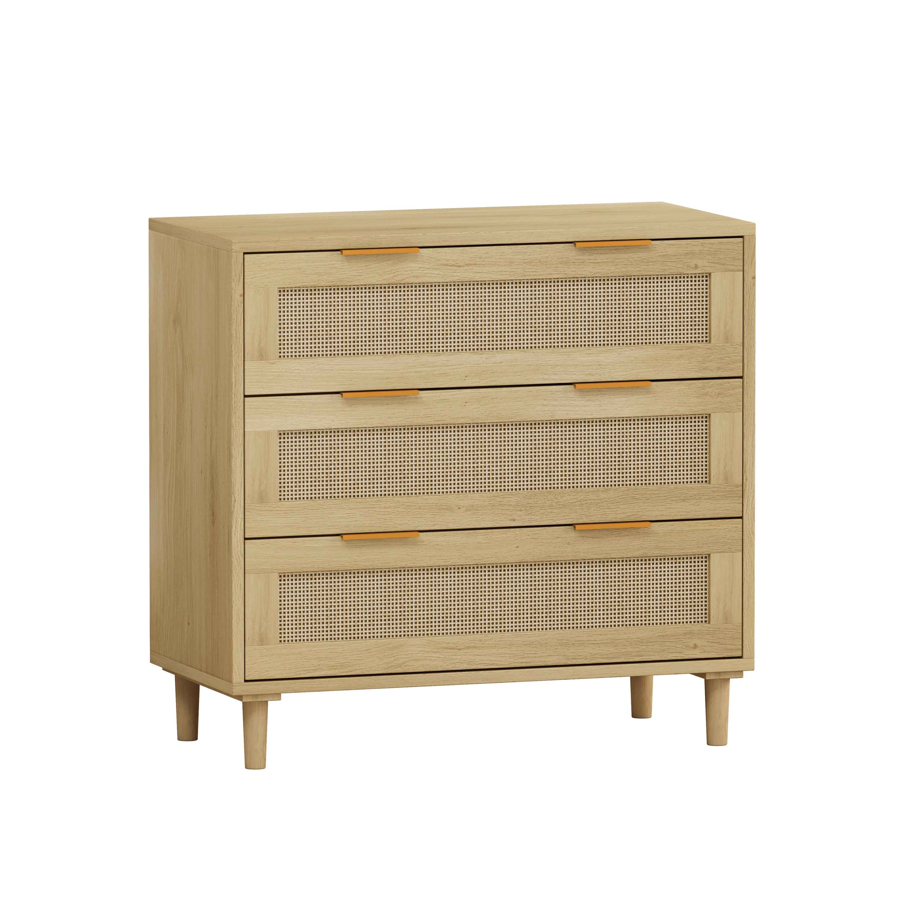 Modern Oak Rattan Storage Cabinet Set with 3-Drawers for Bedroom and Living Room