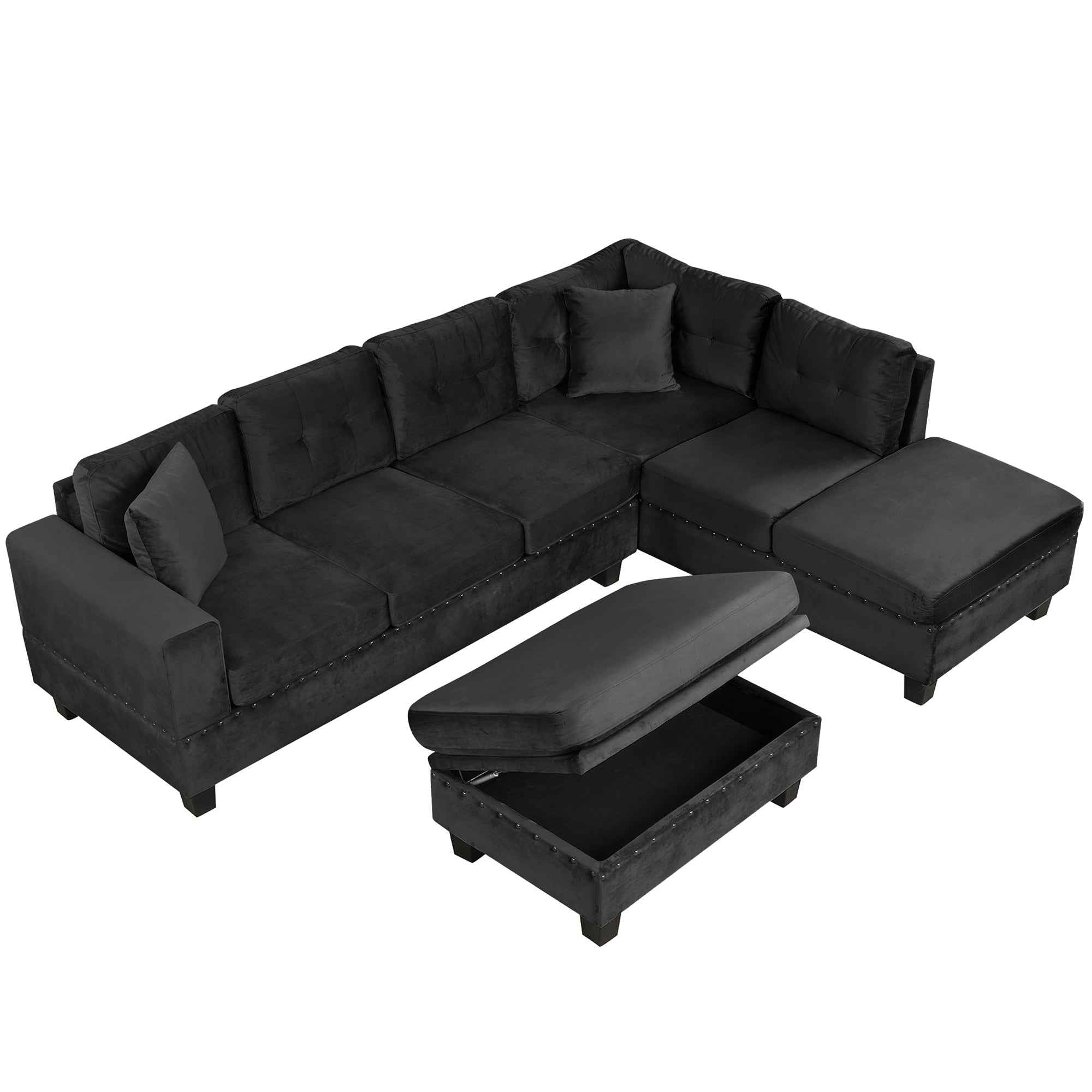 Modern Sectional Sofa with Storage Ottoman, L-Shape Couch with 2 Pillows and Cup Holders, Black Velvet, 105'