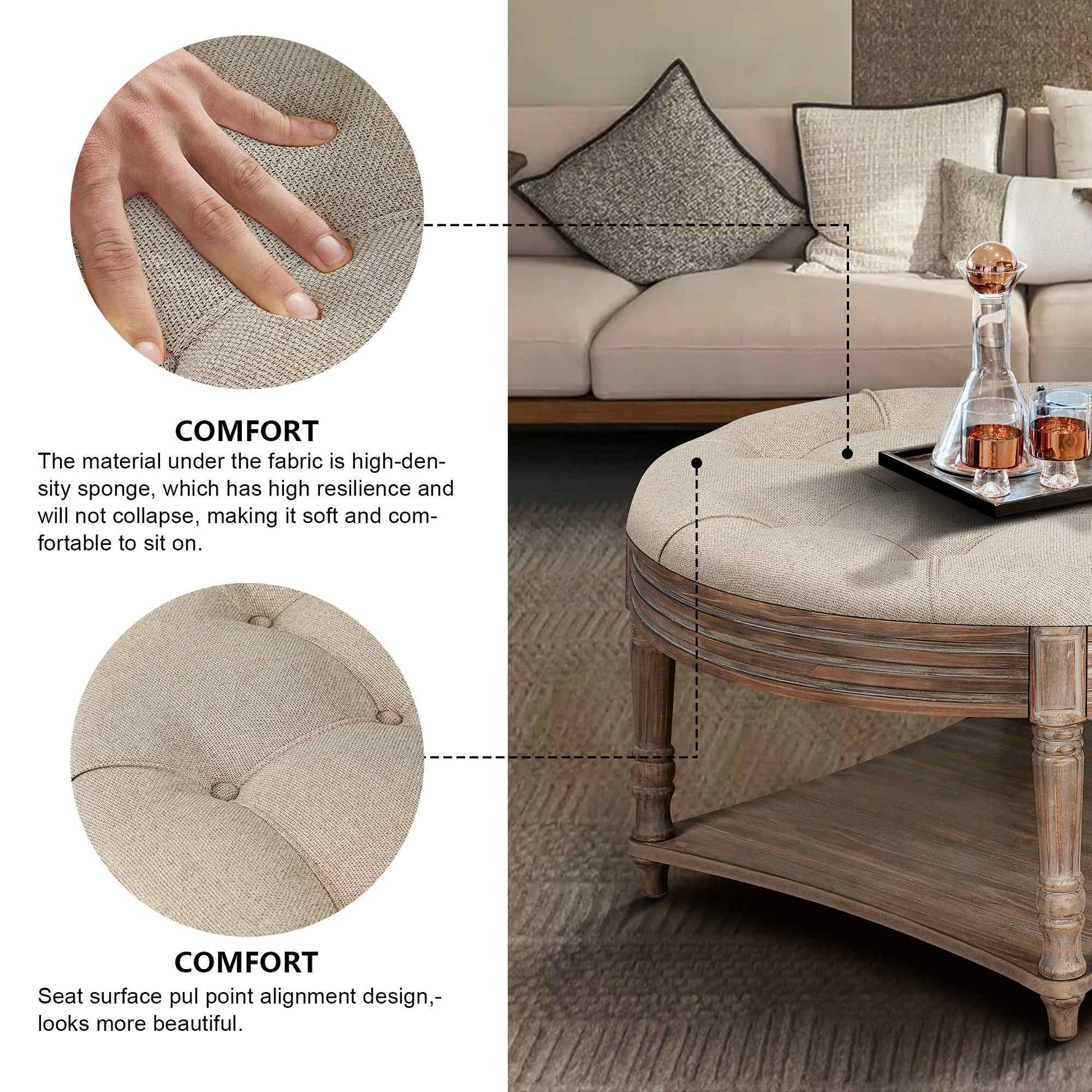 Large Round Waterproof Ottoman Coffee Table 2 Tier Oversized Button Tufted Ottoman with Wooden Shelf Storage Farmhouse Upholstered Coffee Table Living Room Footstool Ottoman Linen