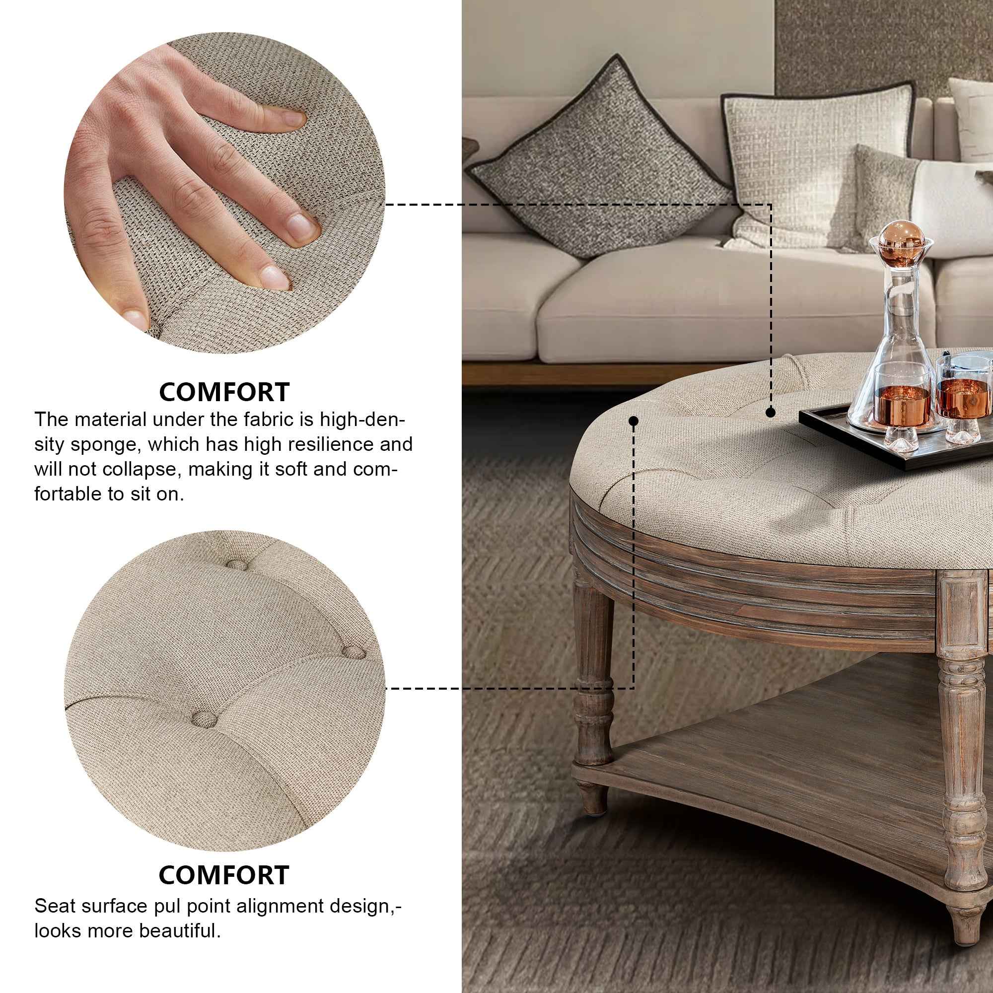 Large Round Waterproof Ottoman Coffee Table 2 Tier Oversized Button Tufted Ottoman with Wooden Shelf Storage Farmhouse Upholstered Coffee Table Living Room Footstool Ottoman Linen