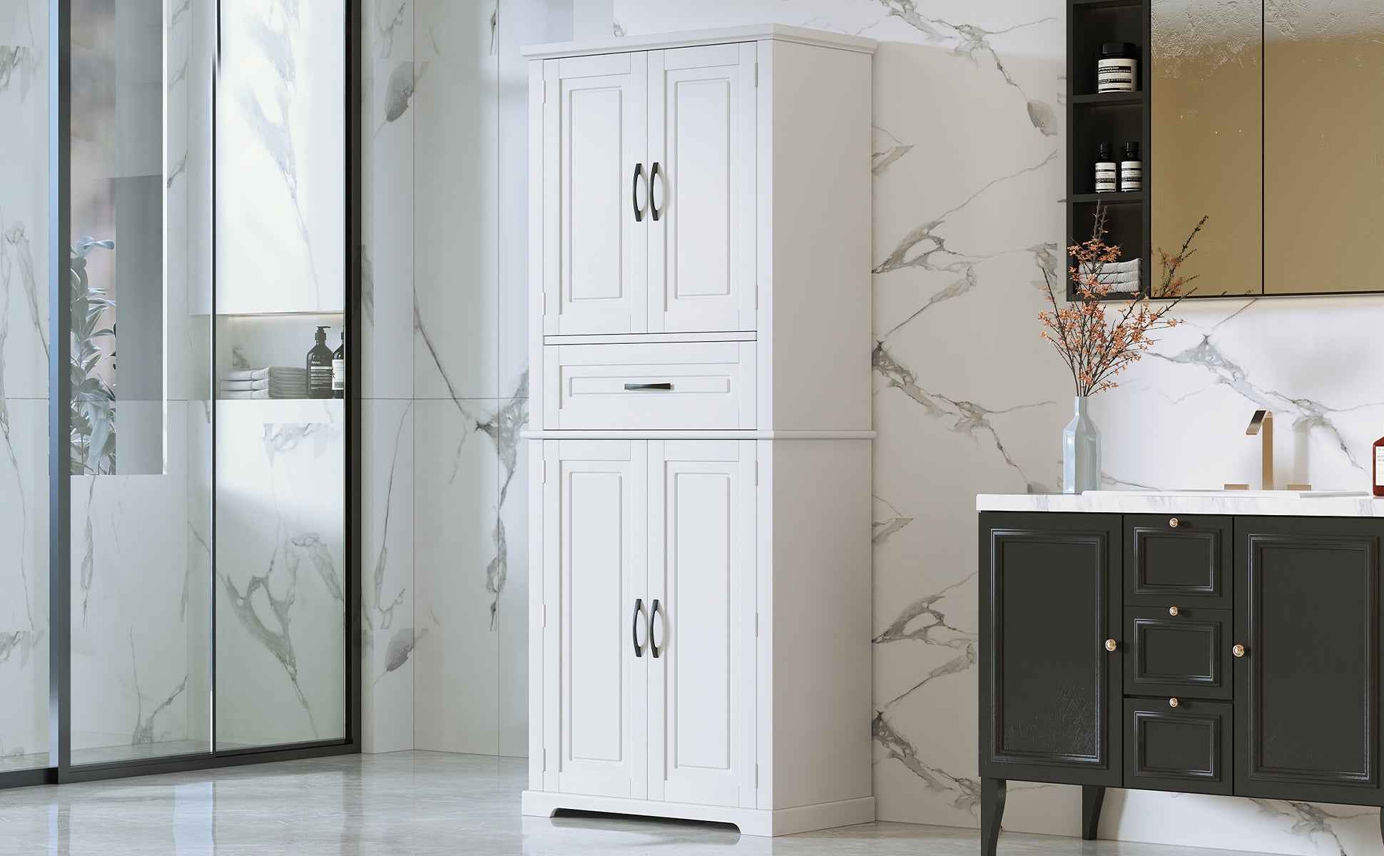 Bathroom Storage Cabinet with Multi-Functional Storage Space, Drawer with Slide Rails, Adjustable Shelf, White MDF