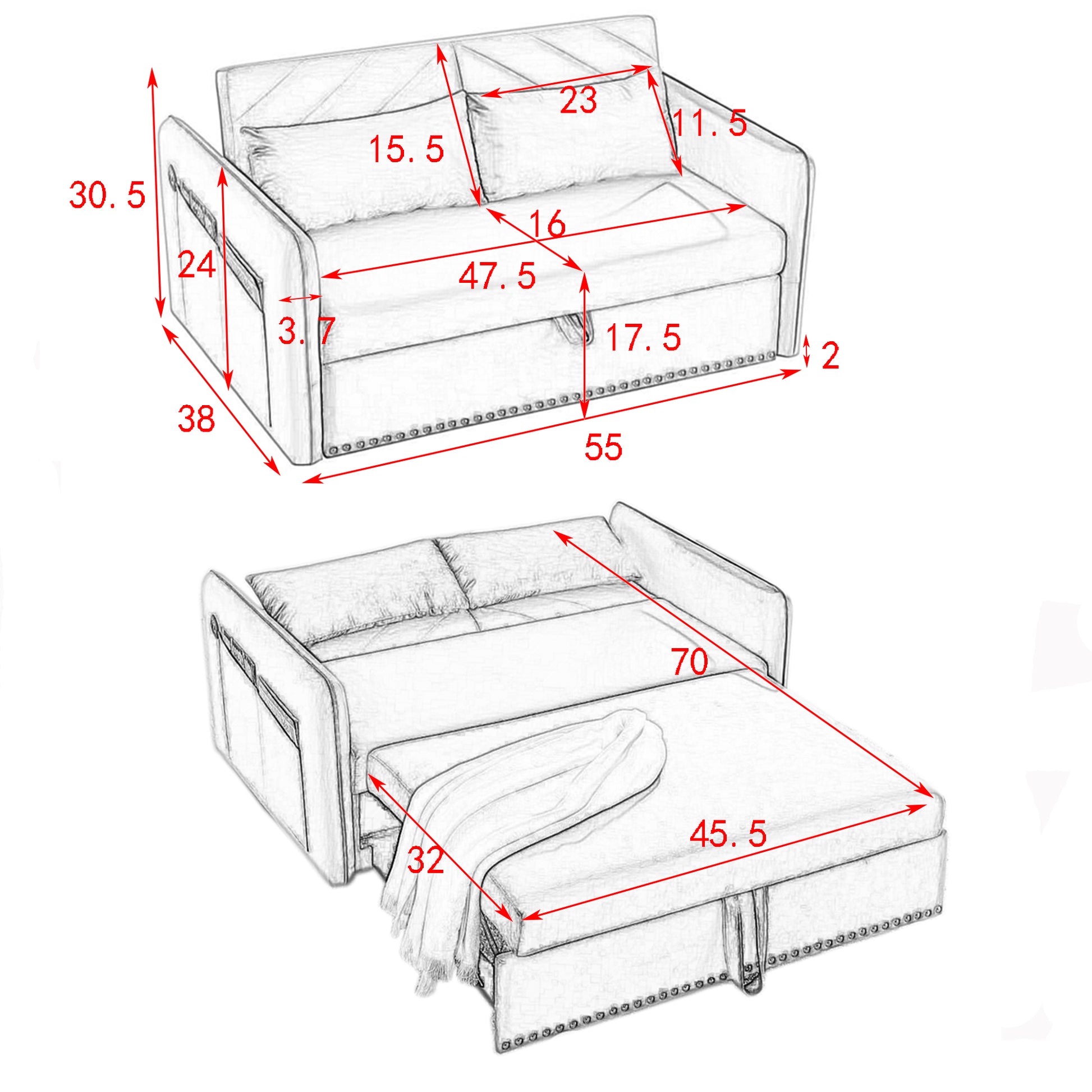 MH' Sleeper Sofa Bed w/USB Port, 3-in-1 adjustable sleeper with pull-out bed, 2 lumbar pillows and side pocket, soft velvet convertible sleeper sofa bed, suitable for living room bedroom - Abrihome