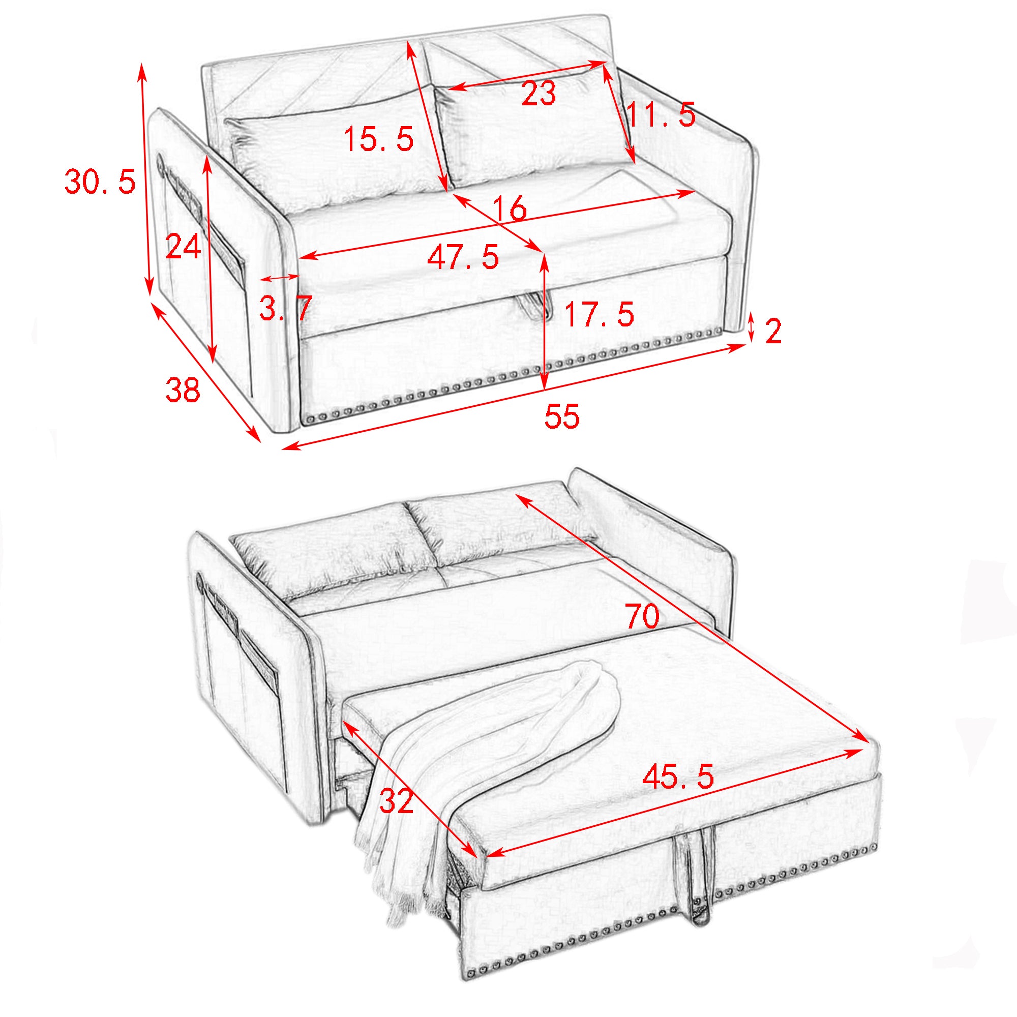 MH' Sleeper Sofa Bed w/USB Port, 3-in-1 adjustable sleeper with pull-out bed, 2 lumbar pillows and side pocket, soft velvet convertible sleeper sofa bed, suitable for living room bedroom - Abrihome