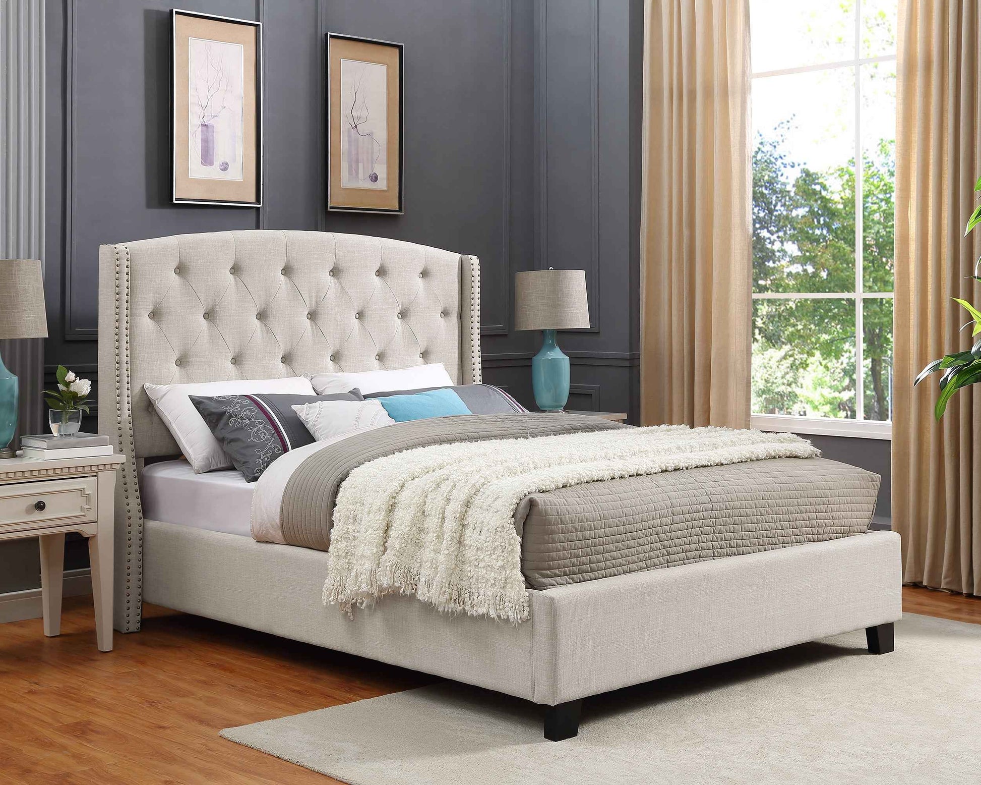 Nantarre Fabric Button Tufted Wingback Upholstered Bed with Nail Head Trim, Beige