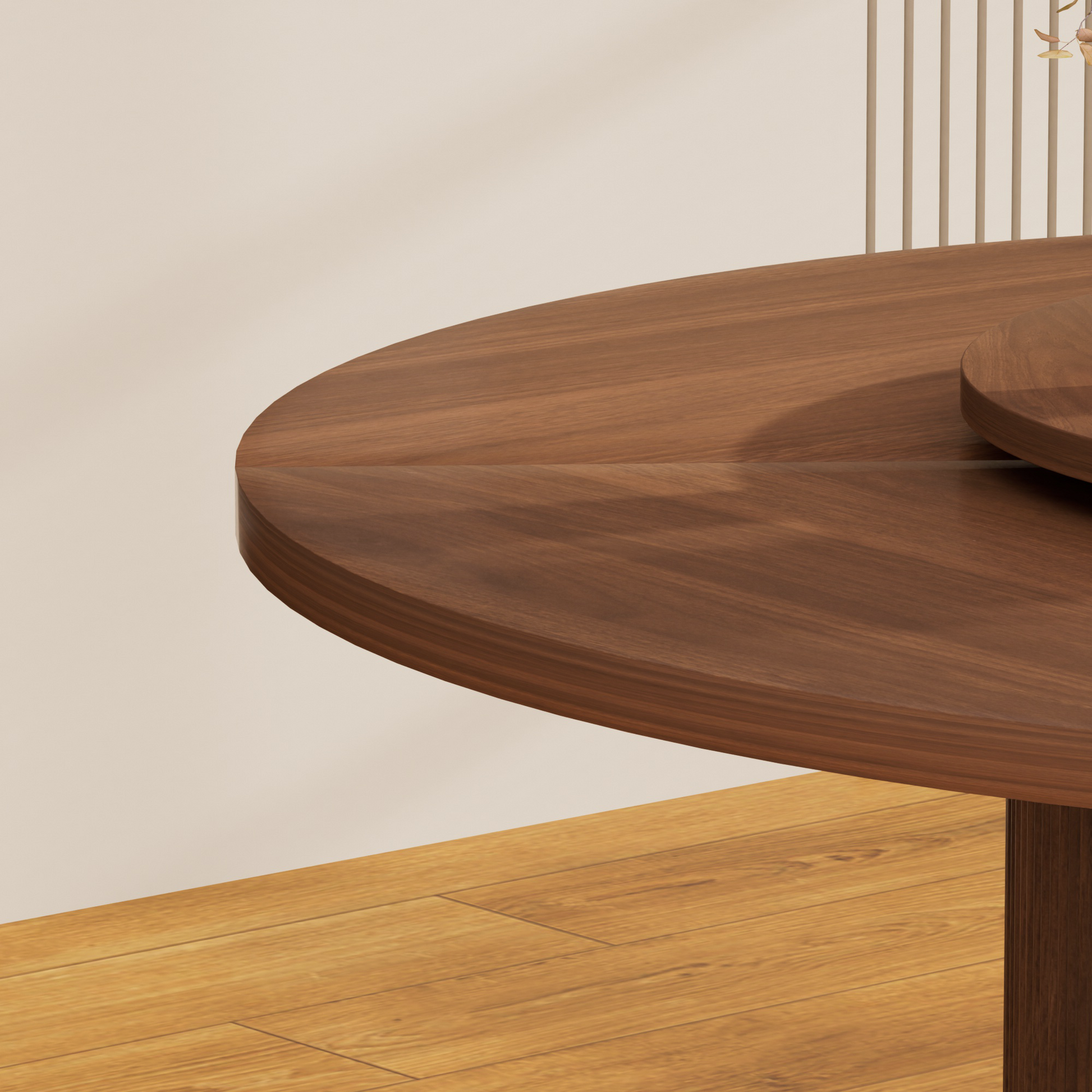 55-inch round dining table for six, featuring a double-tiered storage rack and a rotating tabletop tray. Wooden wavy-striped sliding doors. Ideal for home dining room living room (Walnut).