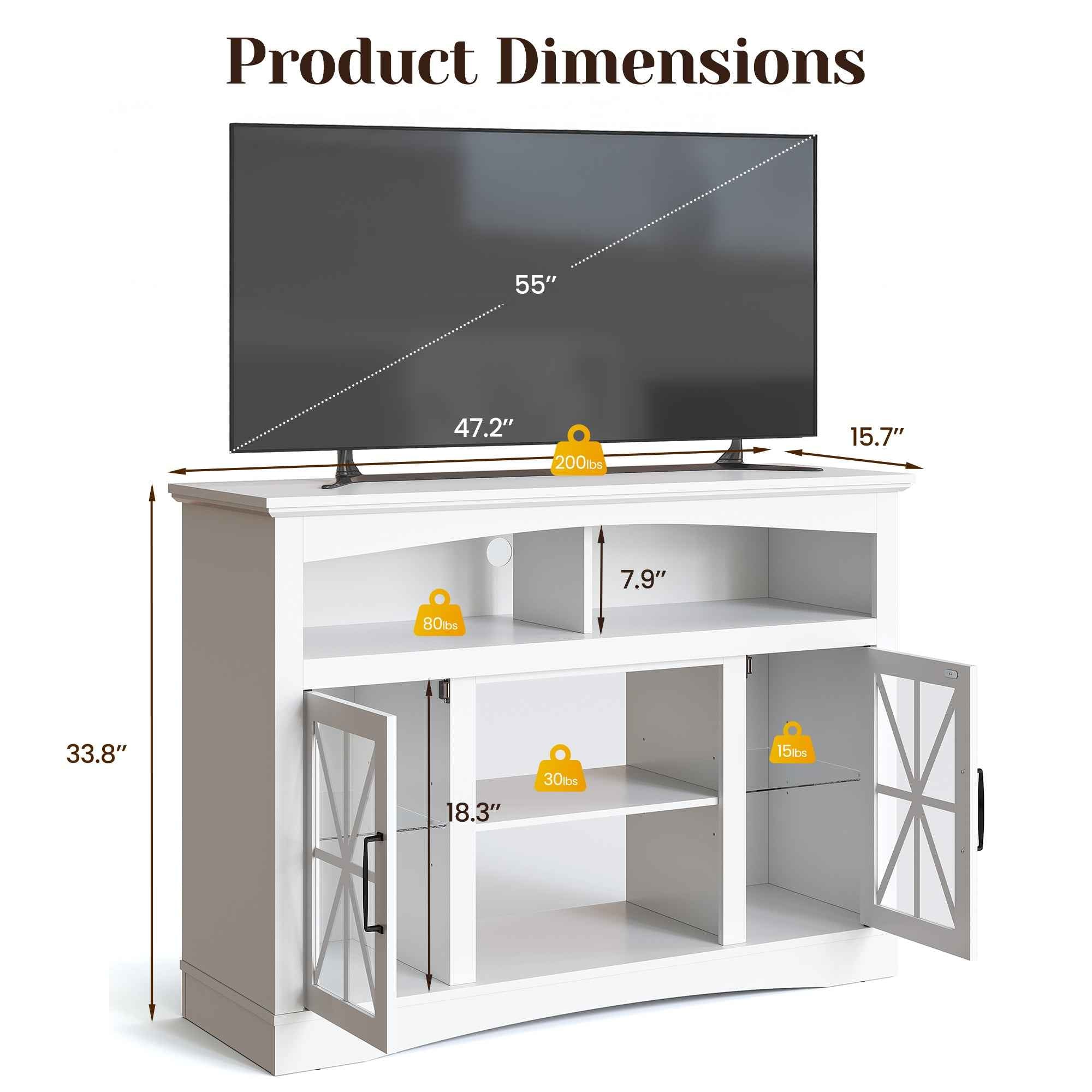 47'' Farmhouse TV Stand with Adjustable Shelves, Retro TV Console with Glass Doors & LED Lights, Media Entertainment Center Storage Cabinet for Living Room, Bedroom, Kitchen, White