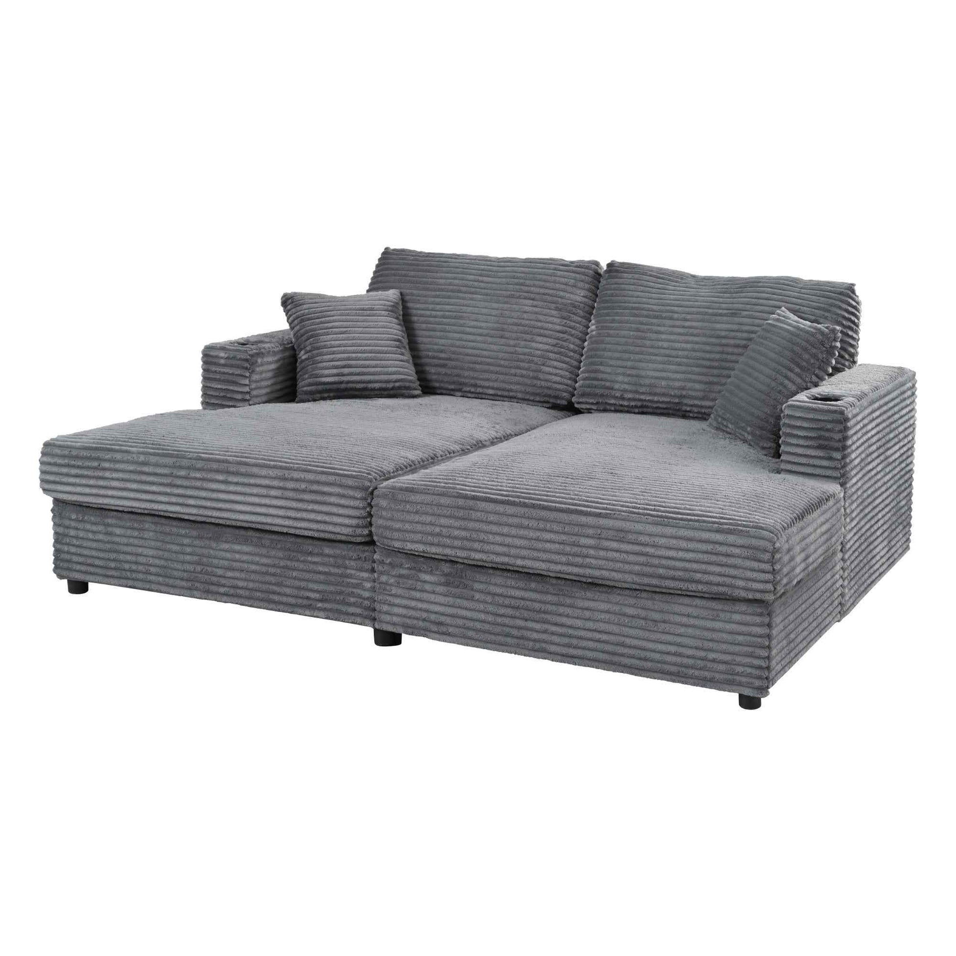 Oversized Loveseat Chaise Lounge Sectional Sofa Bed with USB Ports, Cup Holders, Throw Pillows, Dark Gray Corduroy, 86.5'