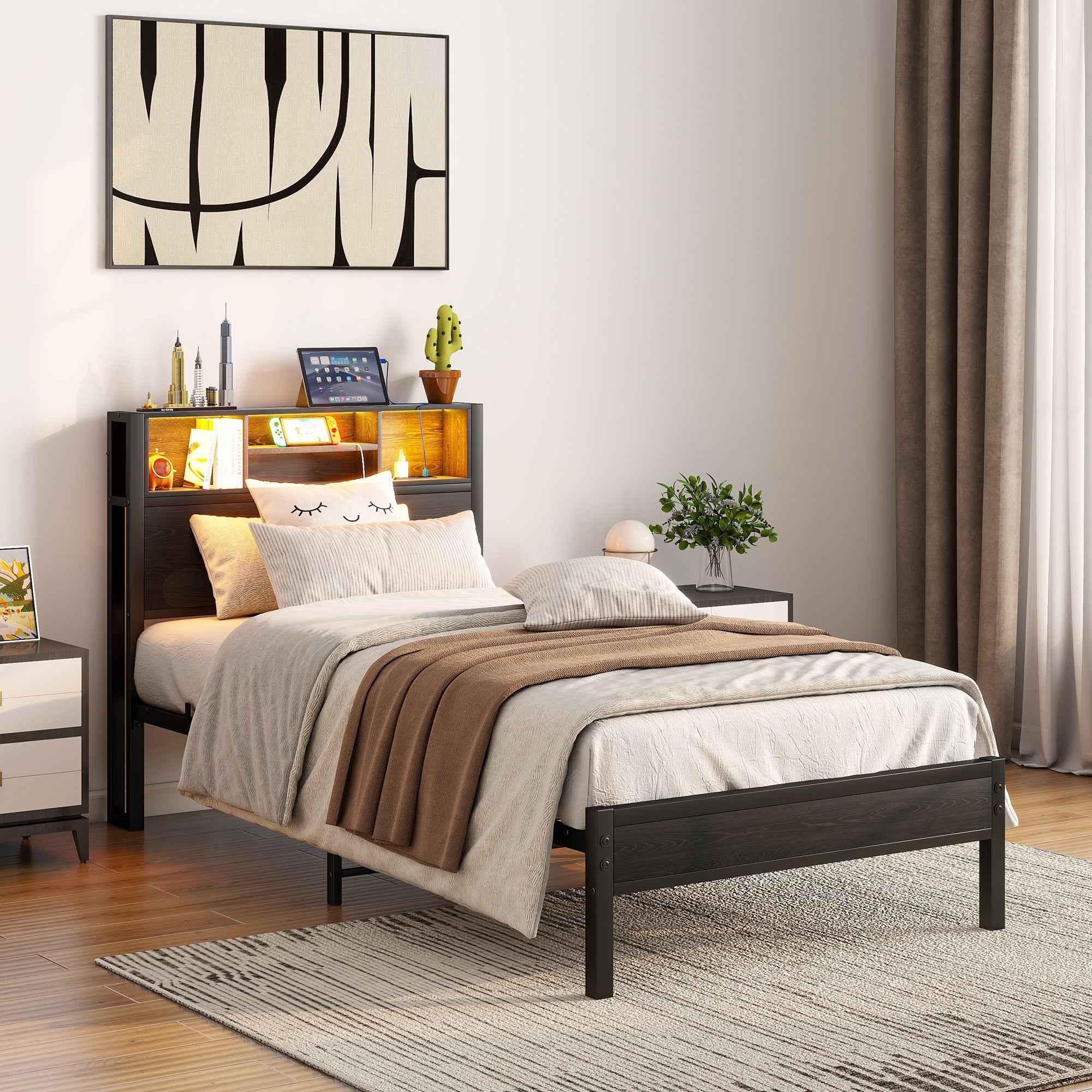 Twin Size Bed Frame with Storage Headboard, Metal Platform Bed with Charging Station, Bookcase Storage, Easy Assembly