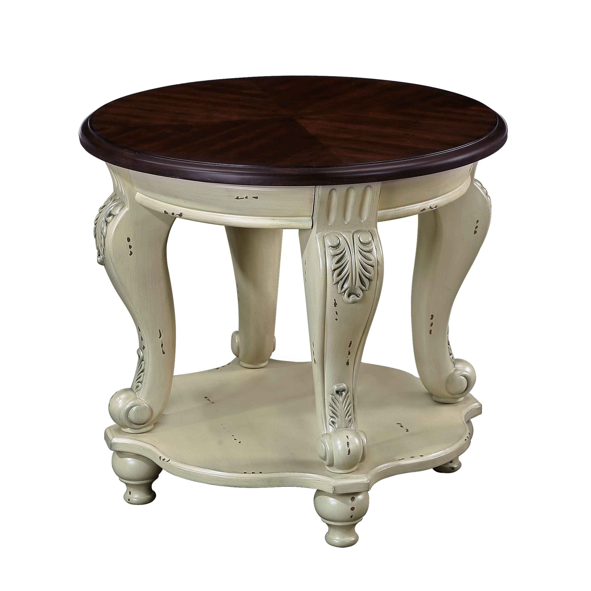 22'' Two Tone Round End Table,Solid Wood Sofa Side Table with Shelf,Living Room Corner Table Easy Assemble,Beige and Espresso Top