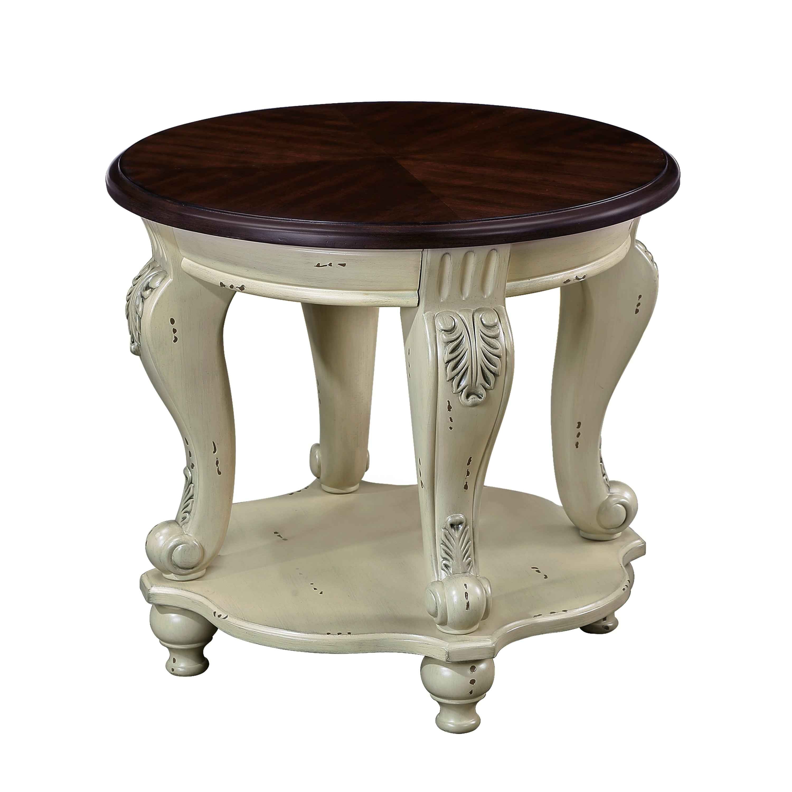 22'' Two Tone Round End Table,Solid Wood Sofa Side Table with Shelf,Living Room Corner Table Easy Assemble,Beige and Espresso Top