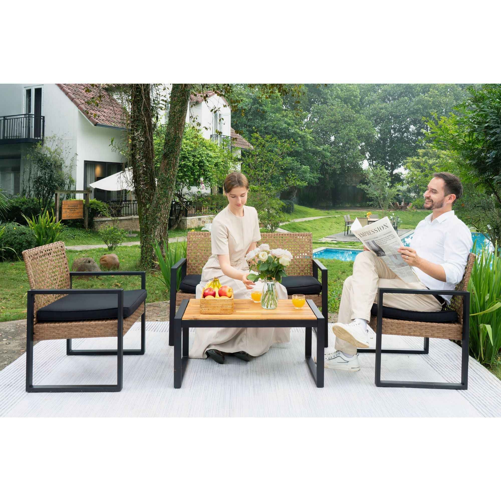 Modern Outdoor 4-Piece Patio Furniture Set with Acacia Wood Table Top, Black and Light Brown