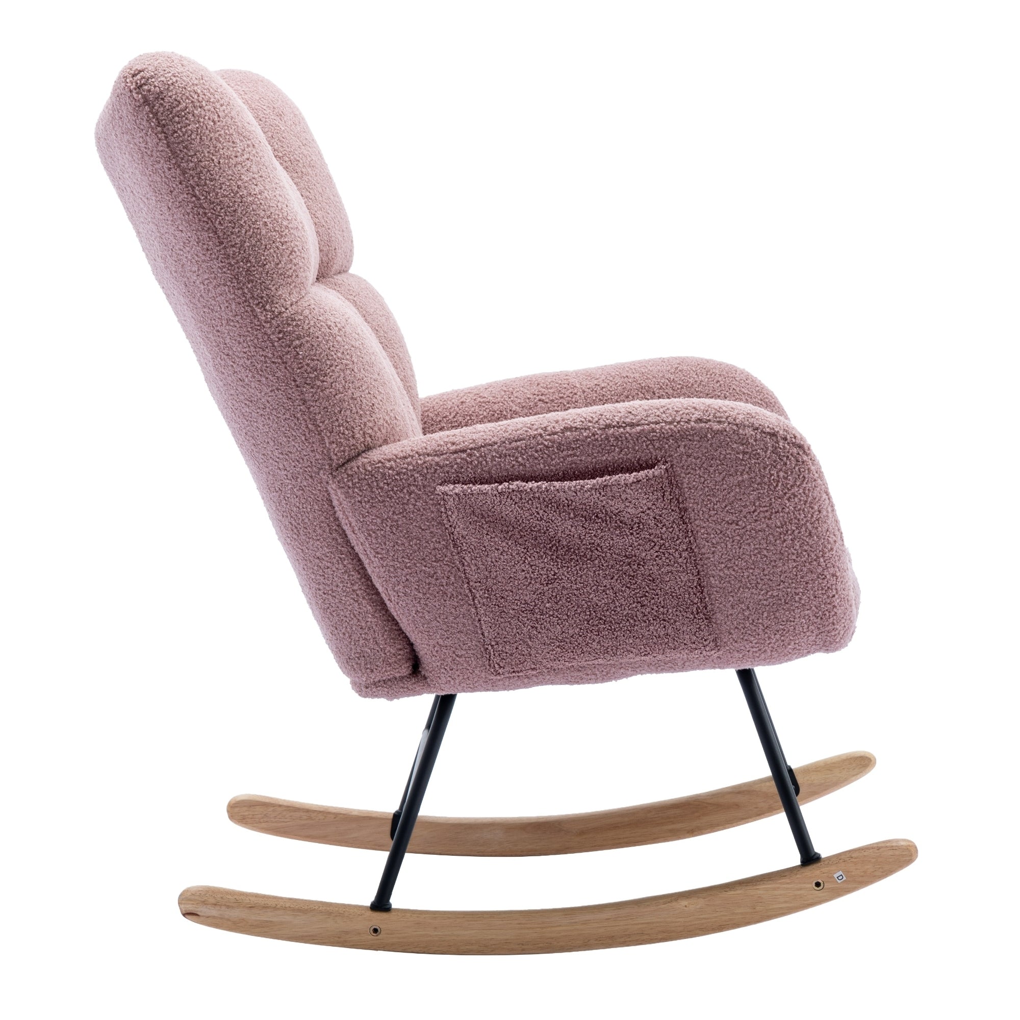 Rocking Chair with Pocket, Soft Teddy Fabric Rocking Chair for Nursery, Comfy Wingback Glider Rocker with Safe Solid Wood Base for Living Room Bedroom Balcony (pink)