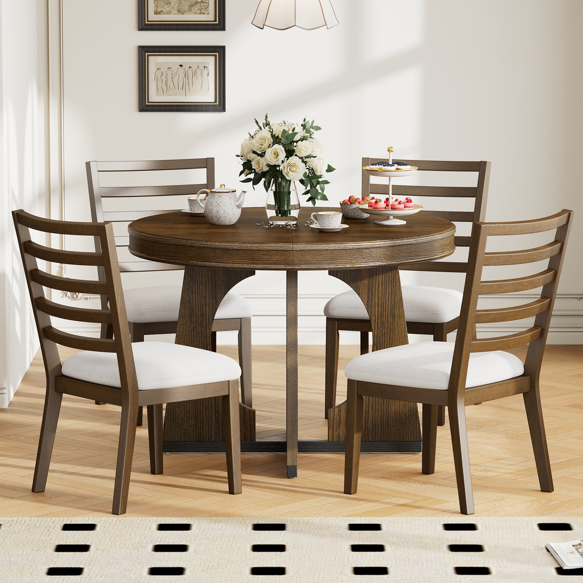 TREXM 5-Piece Retro Rustic Functional Dining Set Unique Geometric Design, 1 Extendable Table with a 16-inch Leaf and 4 Upholstered Chairs Ideal for Dining Room and Kitchen (Walnut)