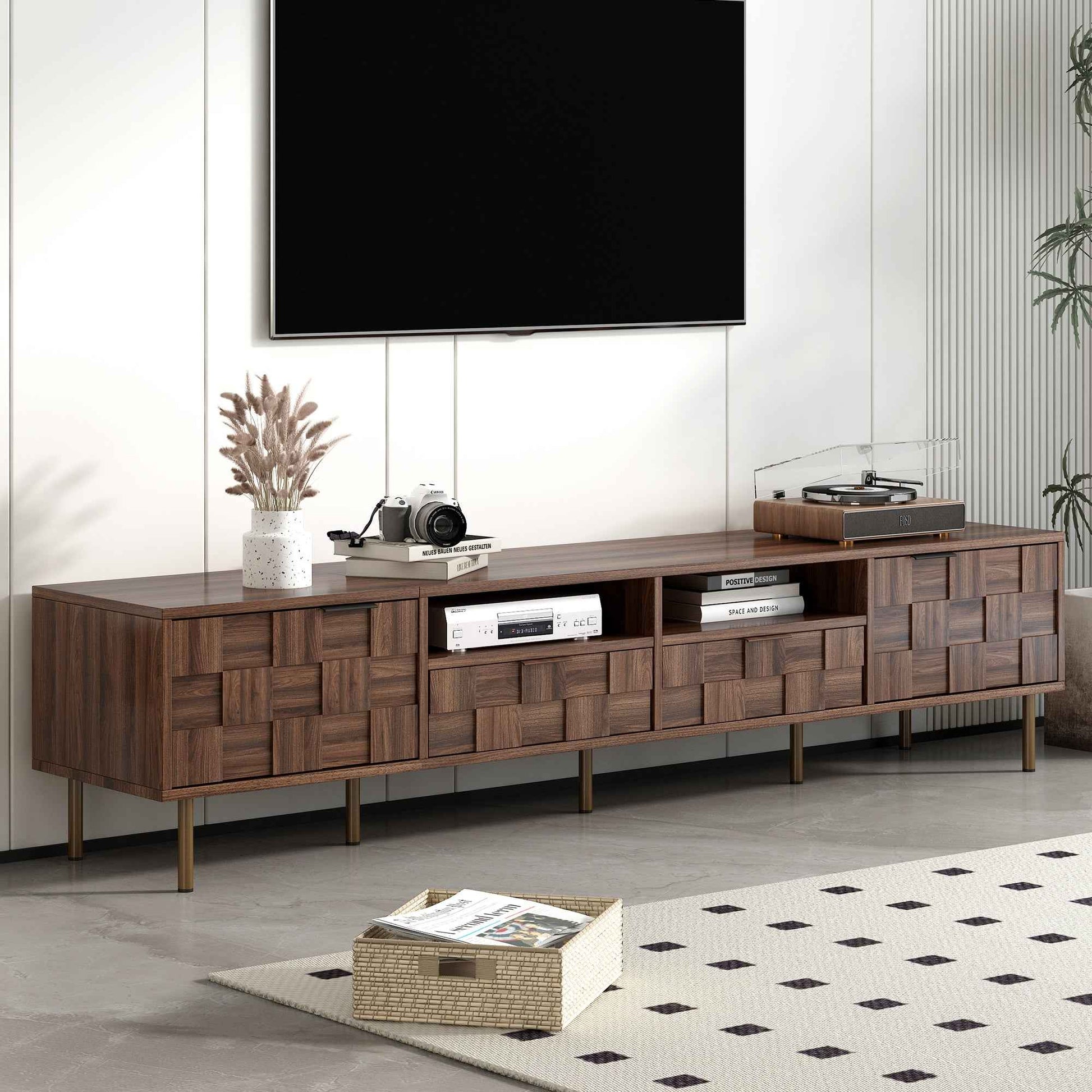 Mid Century TV Stand with 2 Drawers in Dark Brown, Media Console Table for TVs up to 85'', Made of Particle Board and MDF, 78.7'' x 15.7'' x 17.7''