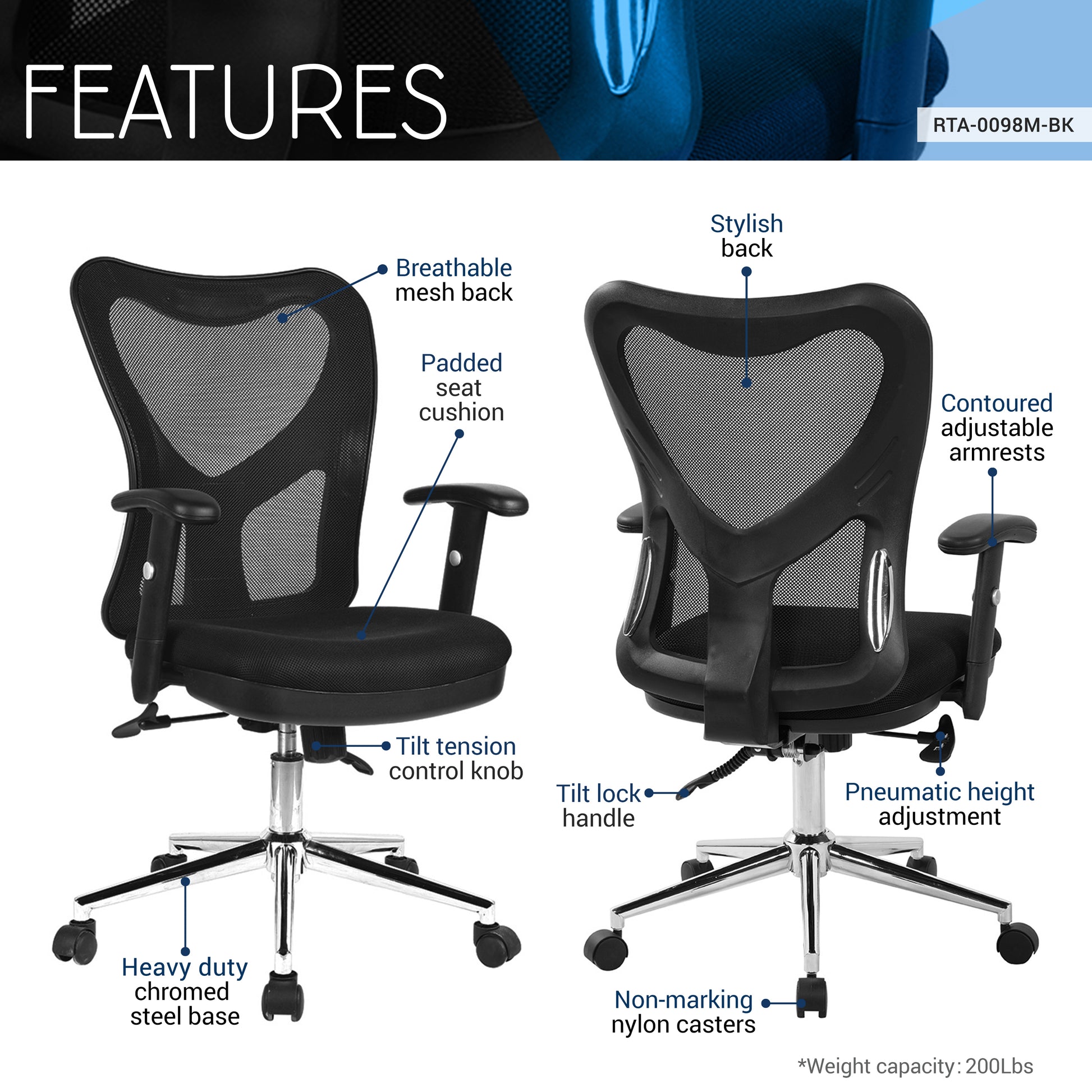 Techni Mobili High Back Mesh Office Chair With Chrome Base, Black - Abrihome
