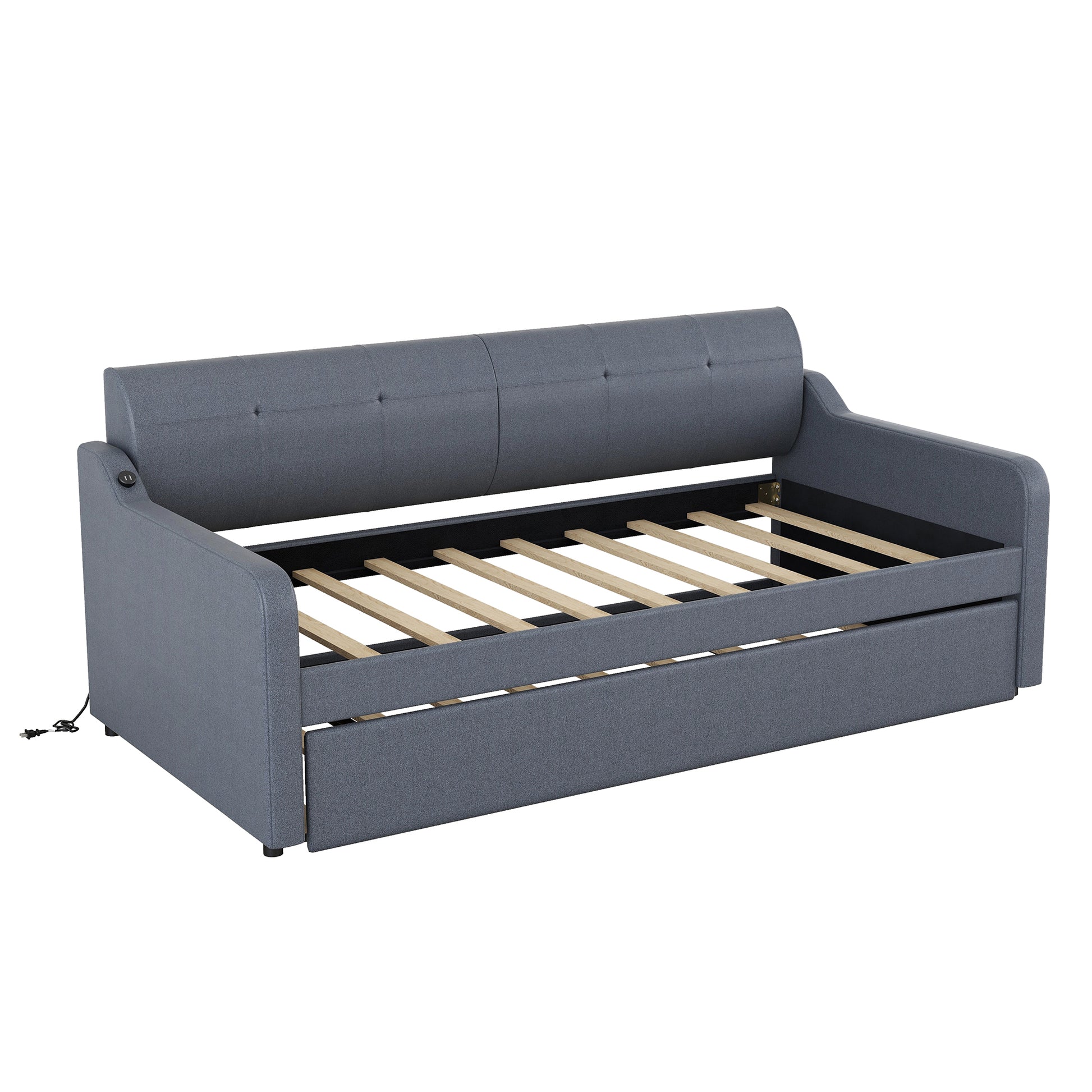 Twin Size Upholstery DayBed with Trundle and USB Charging Design,Trundle can be flat or erected,Gray - Abrihome