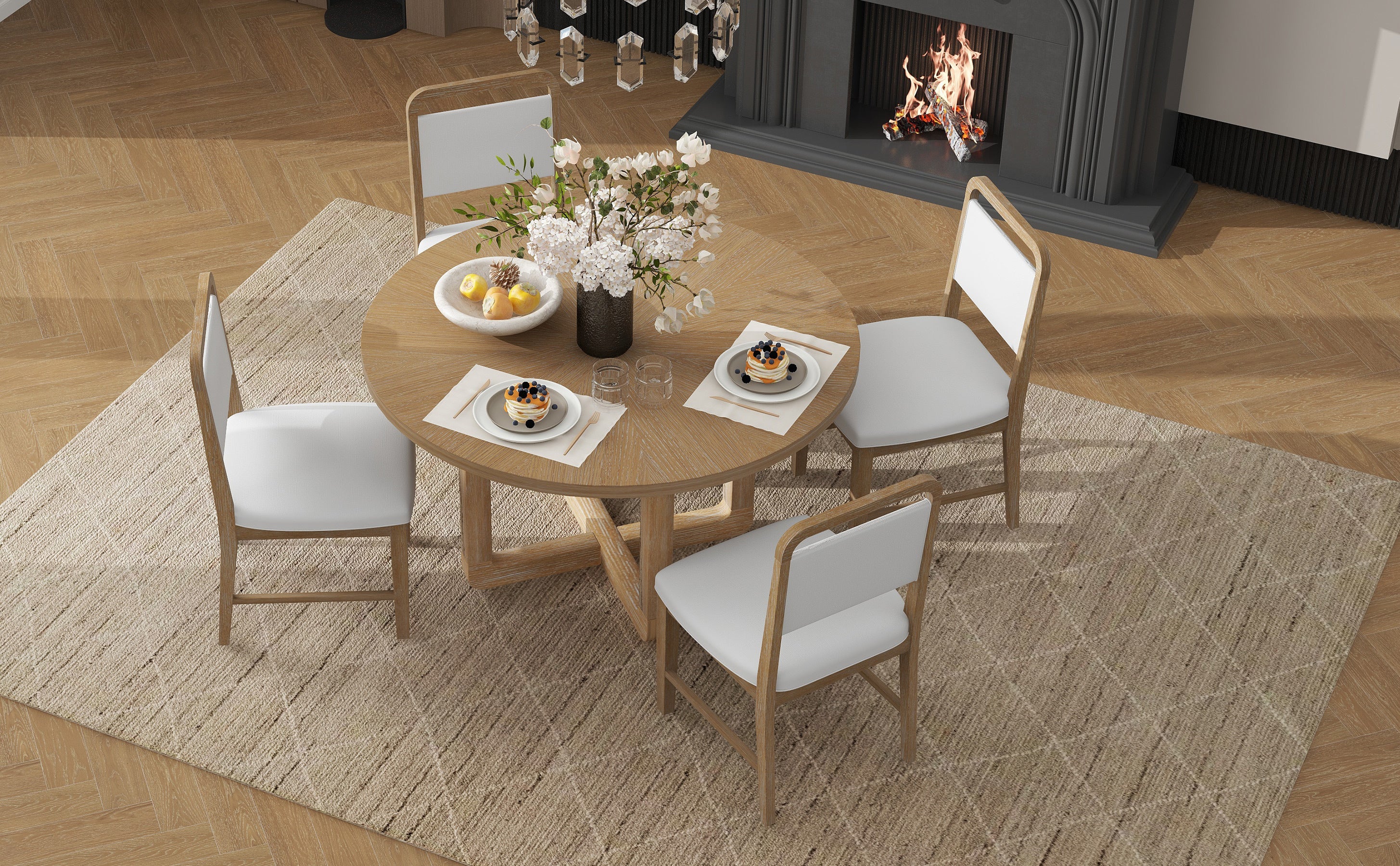 TREXM 5-Piece Retro Dining Set, Round Table Top with Radial Wood Grain Design and 4 Upholstered Chairs for Dining Room and Kitchen (Natural Wood Wash)