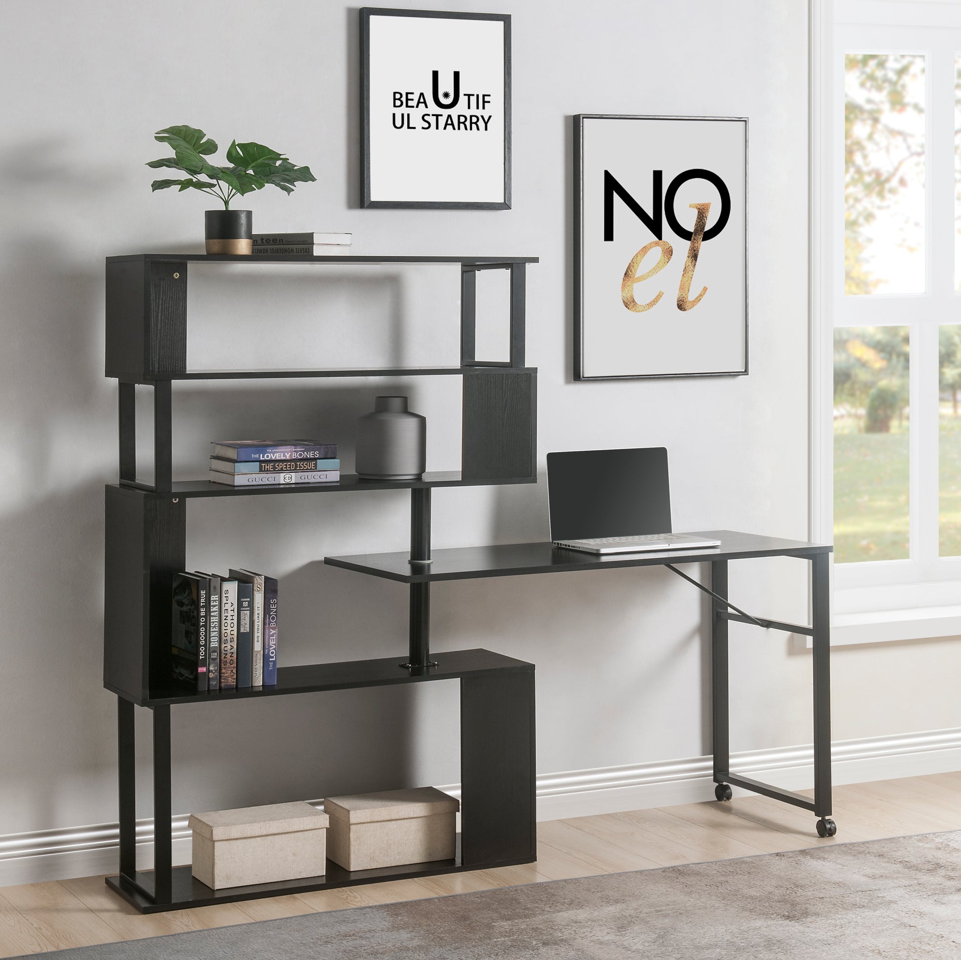 Home Office Computer Desk L-Shaped Corner Table, Rotating Computer Table with 5-Tier Bookshelf, Four Installation Methods, Lockable Casters (Black) - Abrihome