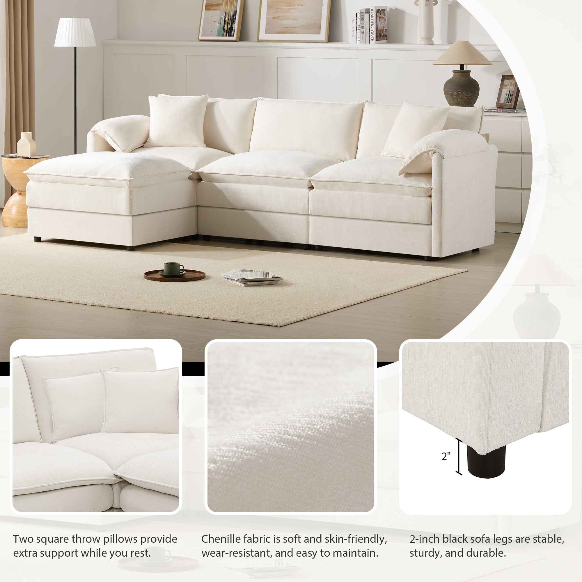 Chenille Modular Sectional Sofa with Deep Seat and Movable Ottoman in Cream