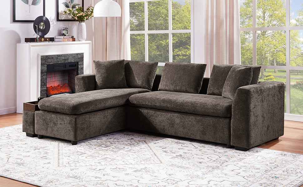 Elegant L-Shaped Sectional Sofa with Chenille Upholstery and Wooden Storage Compartment, Brown