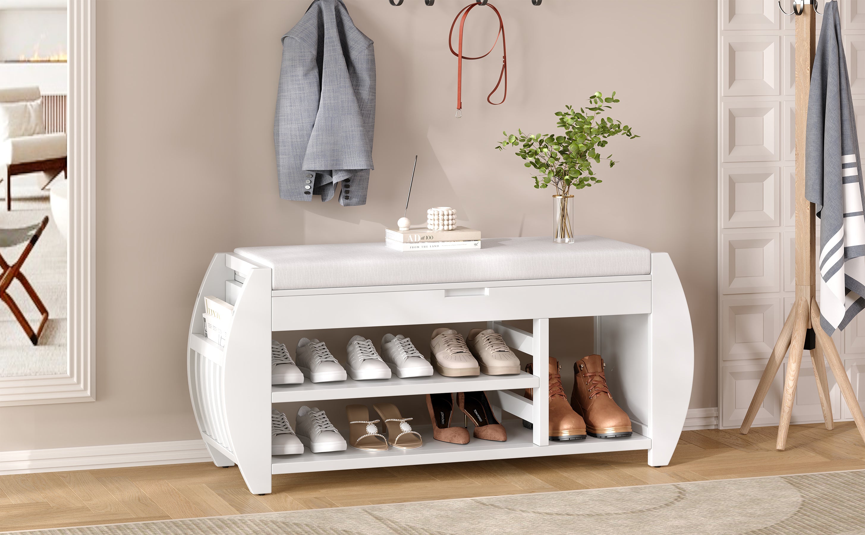 TREXM Retro Multifunctional Storage Bench with Cushion and Curved Side Panel for Entrance and Living Room (Antique White)