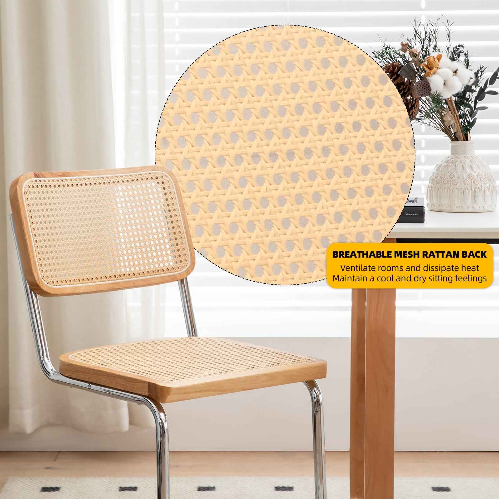 Dining Chairs Set of 2, Velvet Rattan Side Accent Chairs with Chrome Legs, Modern Mid Century Breuer Designed Chairs, Upholstered Dining Living Room Kitchen Chairs