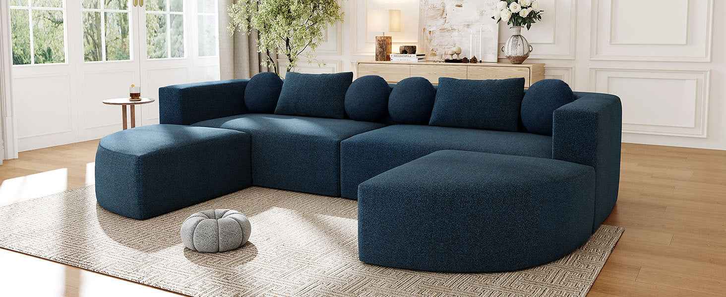 Boneless Couch Modular Sectional Sofa with Deep Seating and Curved Design in Blue Boucle, 114.9 Inches