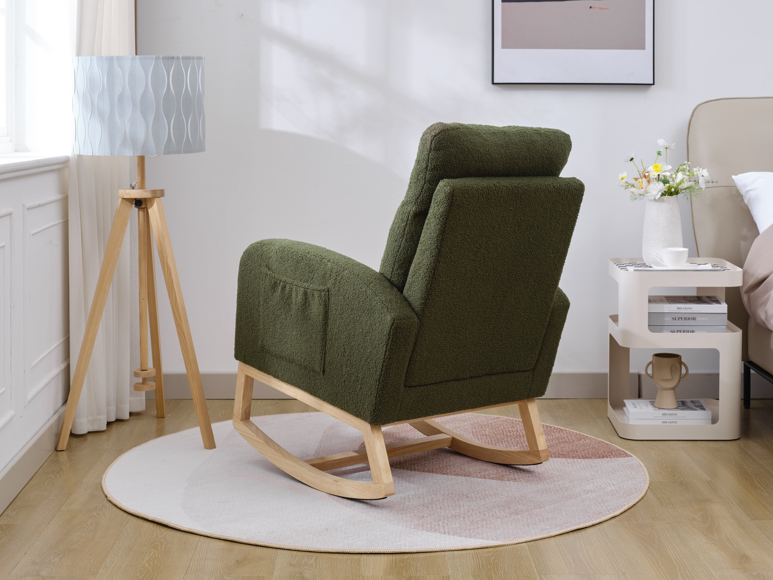 Modern Accent Rocking Chair Rocking Chair with Solid Wood Legs, Upholstered Nursery Glider Rocker, Comfy Armchair with Side Pocket, Living Room Lounge Arm Chair with High Backrest (Dark green,teddy)