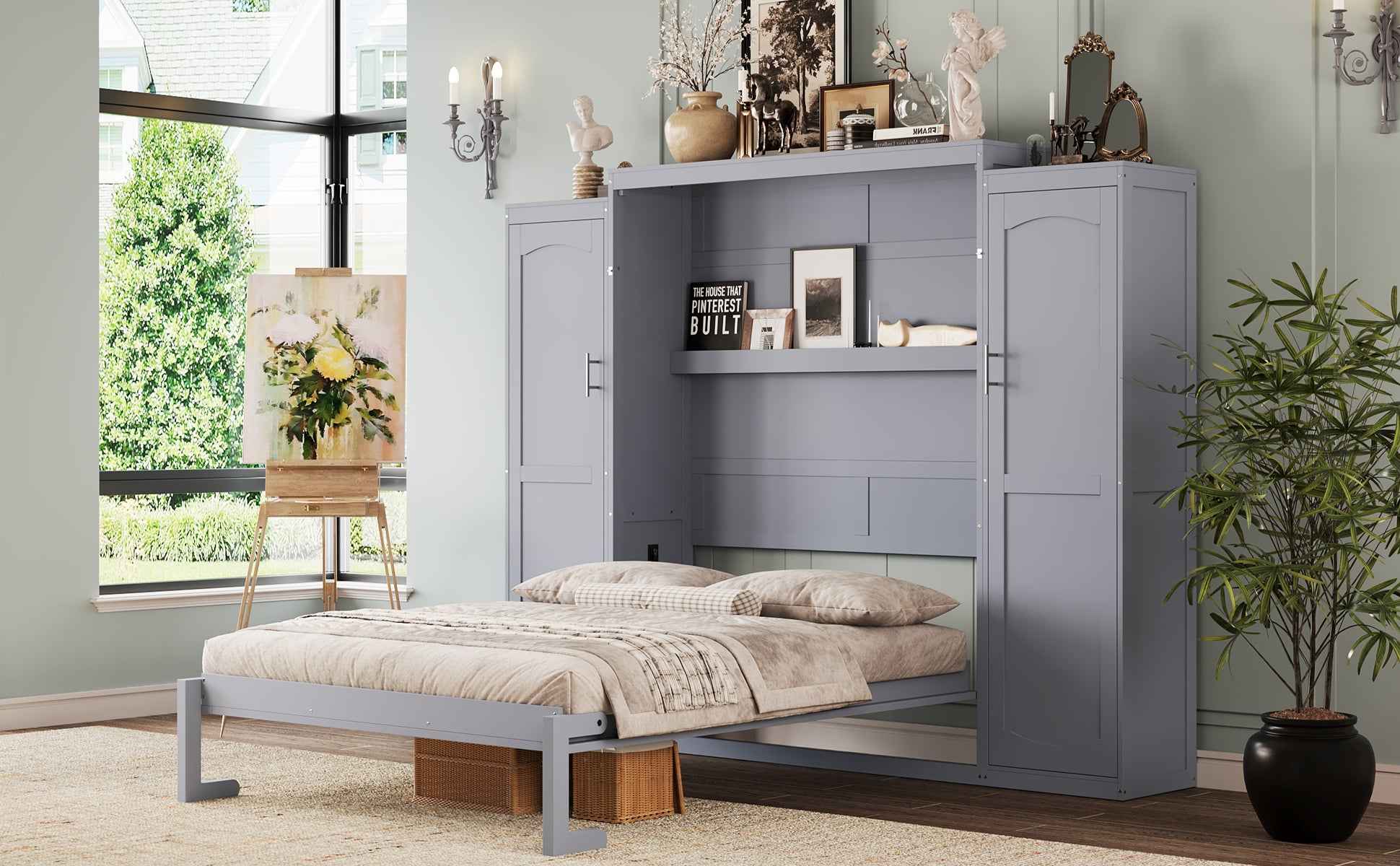 Full Size Murphy Bed, Wooden Full Wall Bed with 2 Wardrobe and Storage Shelf, Multifunctional Foldable Platform Bedframe for Guest-Room, Bedroom, Gray