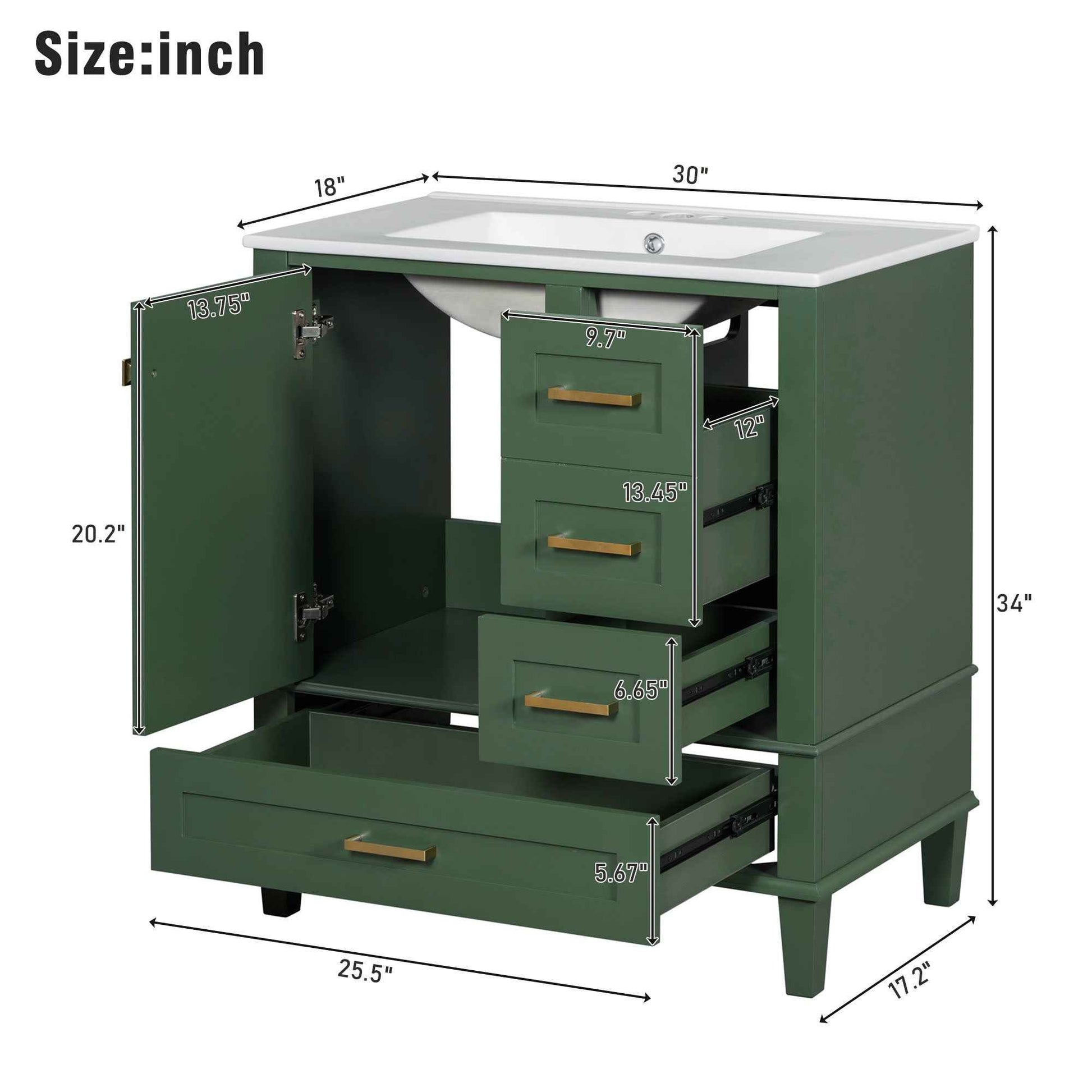 Modern Bathroom Vanity with Sink Combo Set, Solid Wood Frame, Green, 30 Inches