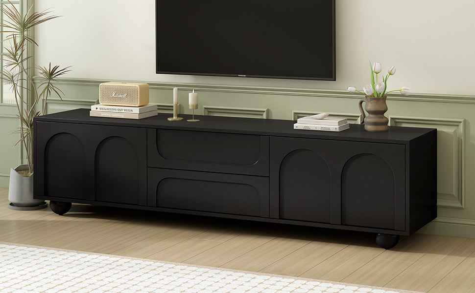 ON-TREND Cream Style TV Stand with Arched Doors & 2 Drawers for TVs up to 75', Minimalist Media Console with Rebound Device, Entertainment Center with 5 Iron Round Legs for Living Room, Bedroom, Black