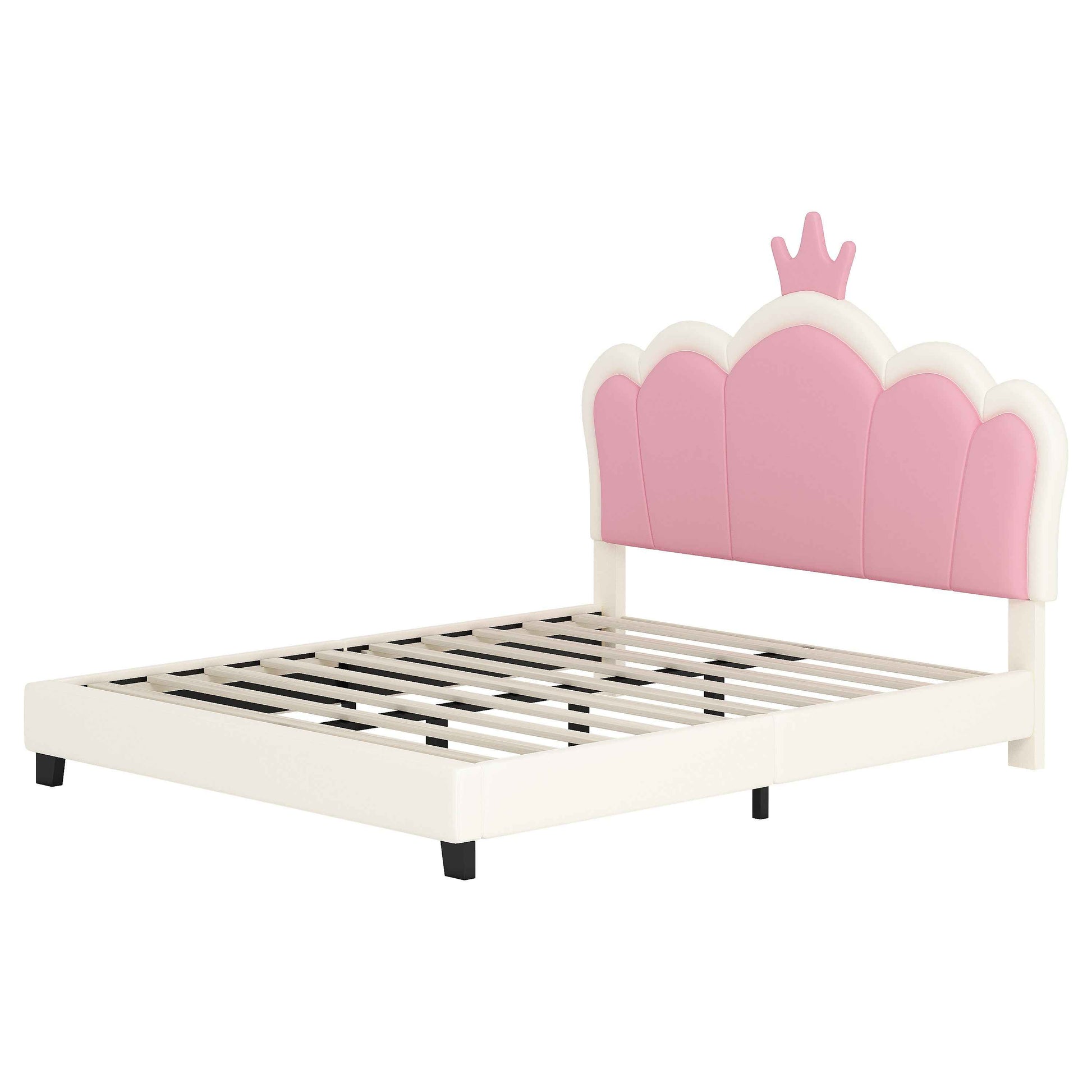 Full size Upholstered Princess Bed With Crown Headboard,Full Size Platform Bed with Headboard and Footboard, Cream+Pink(Old SKU:WF303337AAK)