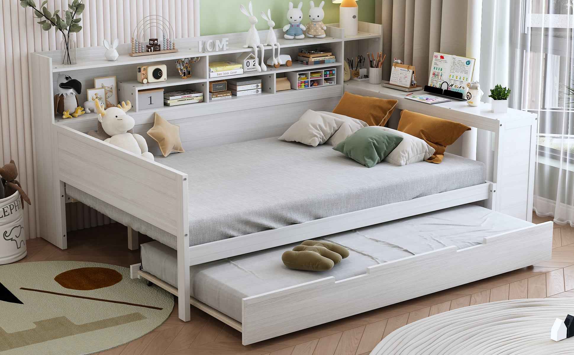 Wooden Full Size Daybed with Storage Shelves, Multi-functional Bed with Twin Size Trundle Bed and  Study Desk, Antique White